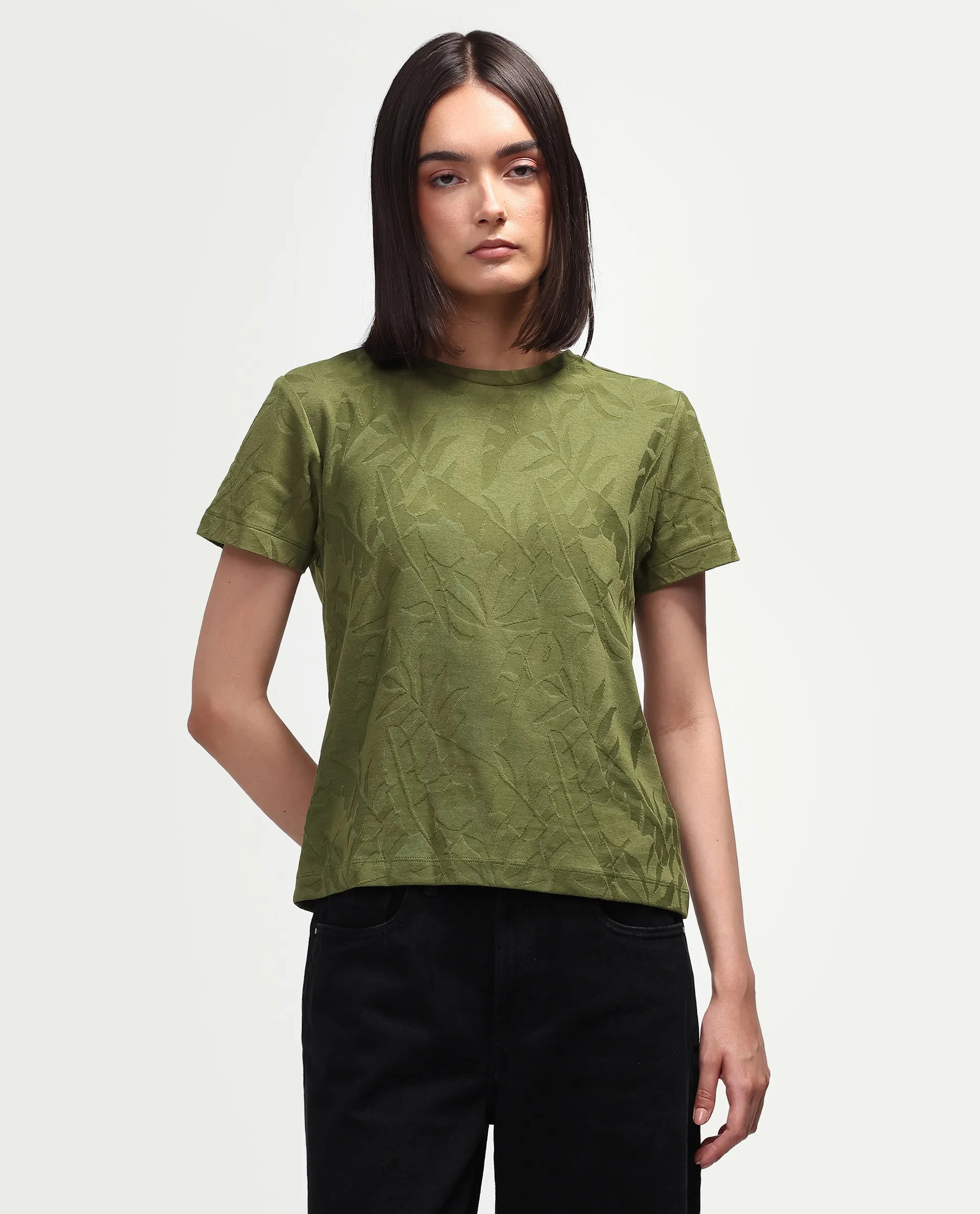 Rareism Women's Zurie Olive Cotton Blend Half Sleeve Crew Neck Regular Fit Jacquard T-Shirt