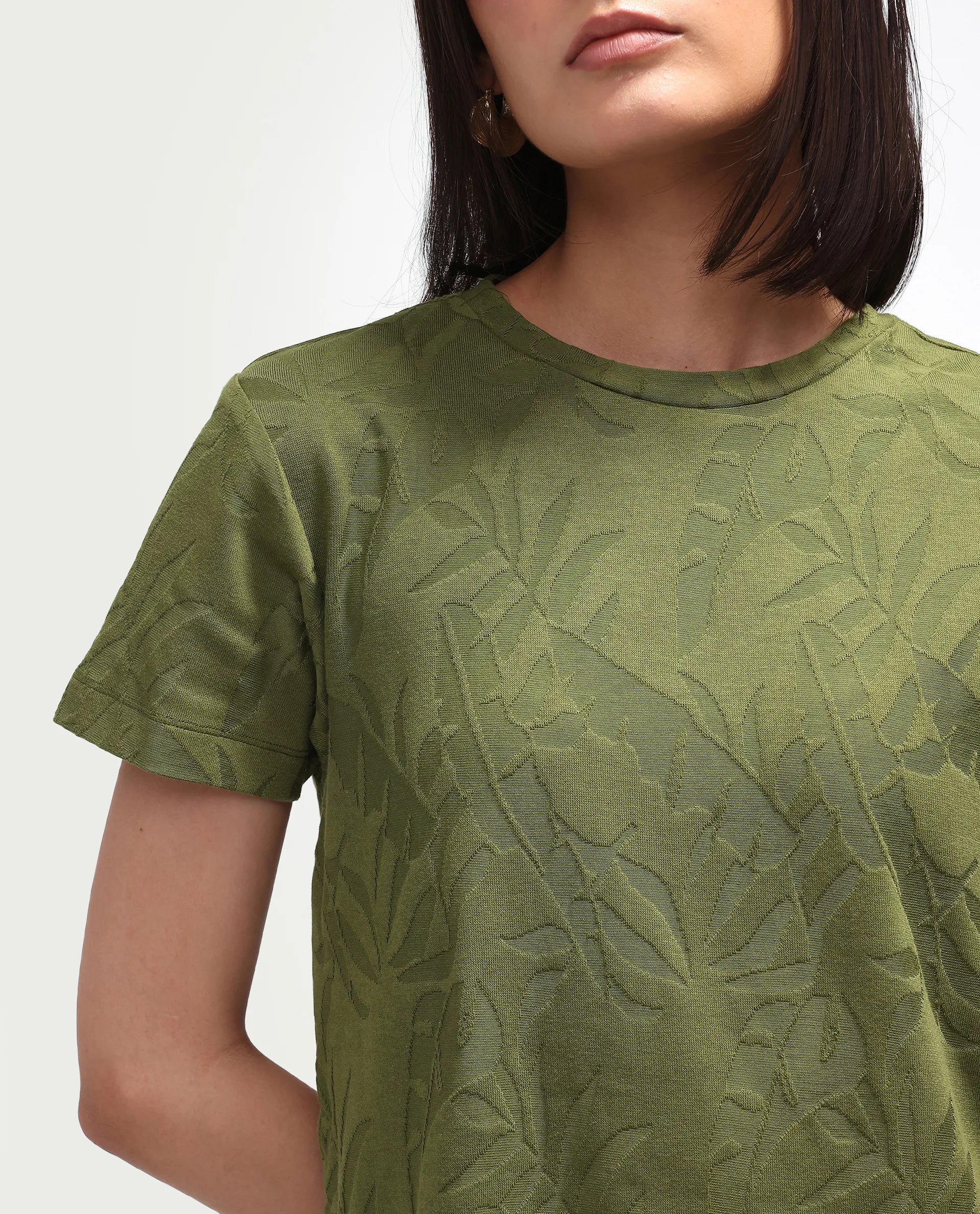 Rareism Women's Zurie Olive Cotton Blend Half Sleeve Crew Neck Regular Fit Jacquard T-Shirt