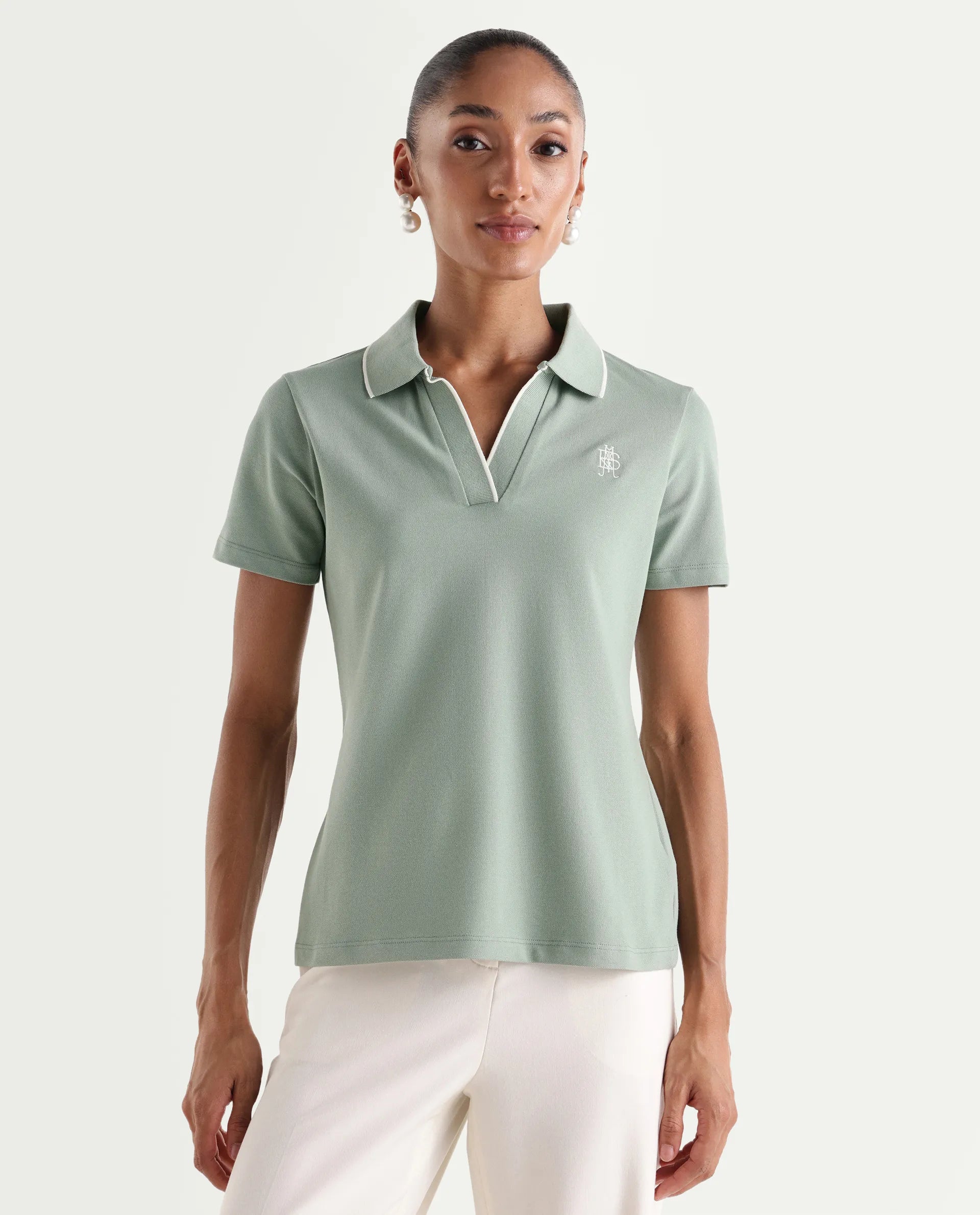 Rareism Women's Zeya Light Green Cotton Blend Half Sleeve Regular Fit Plain Polo