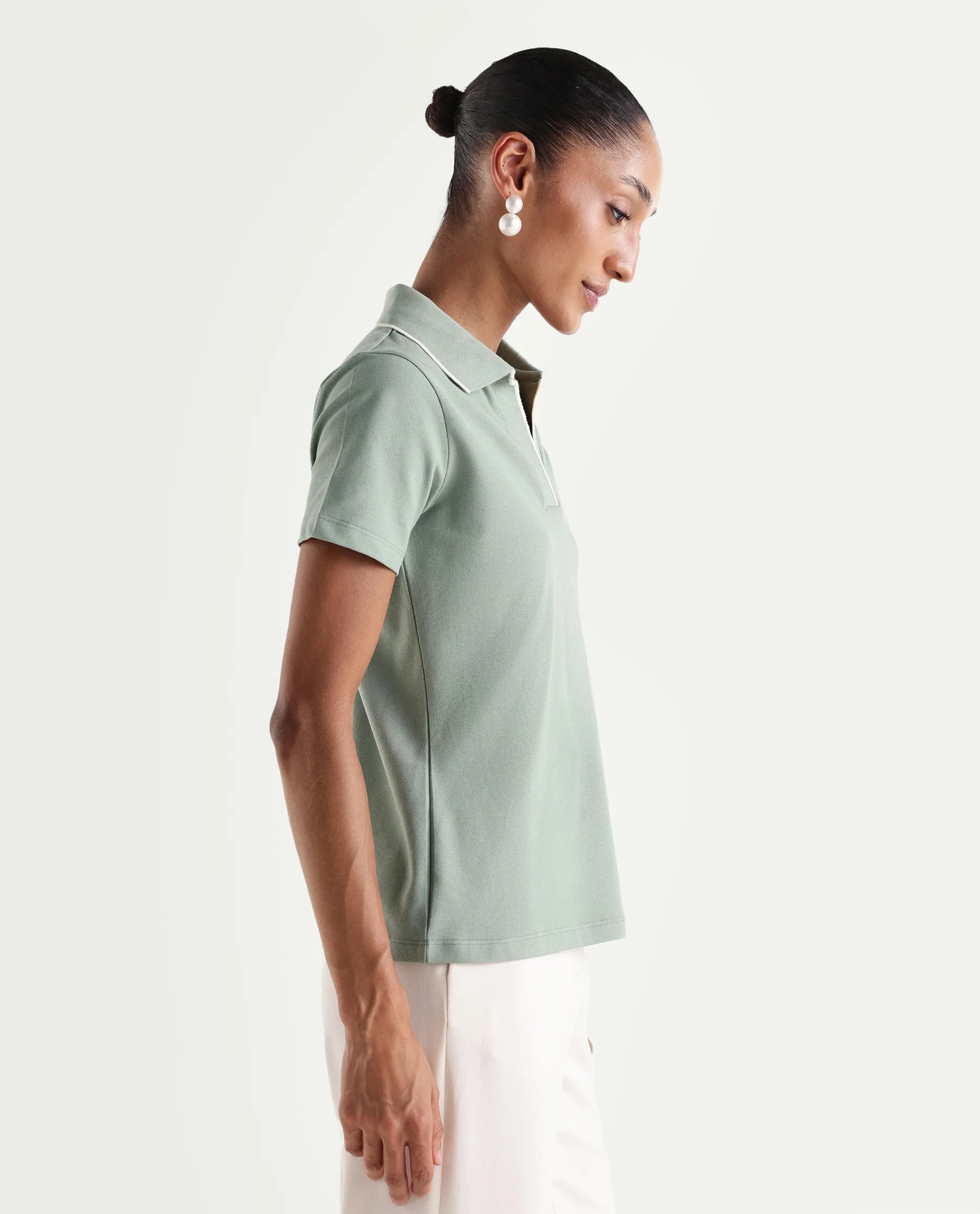 Rareism Women's Zeya Light Green Cotton Blend Half Sleeve Regular Fit Plain Polo