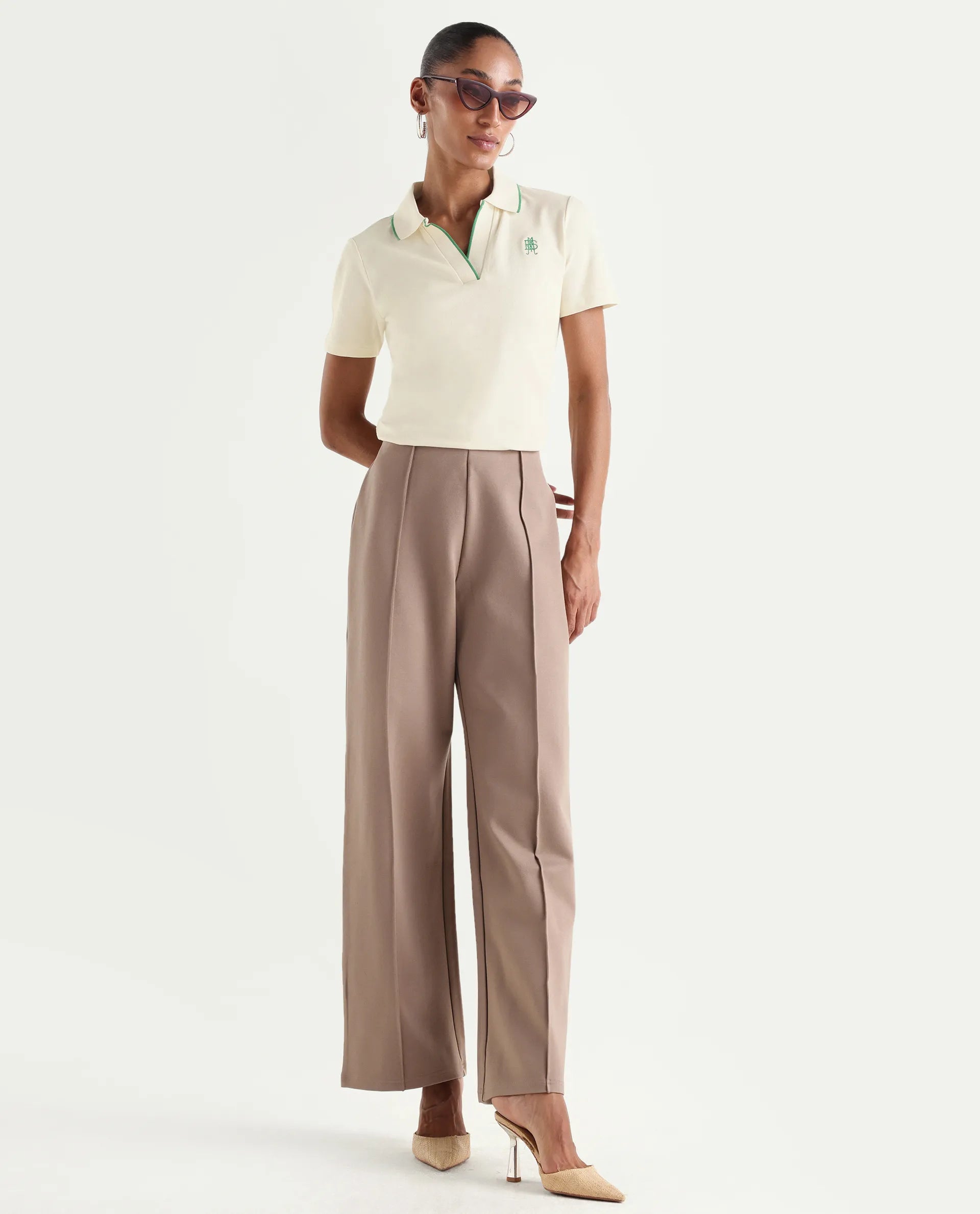 Rareism Women's Zeya Off White Cotton Blend Half Sleeve Regular Fit Plain Polo