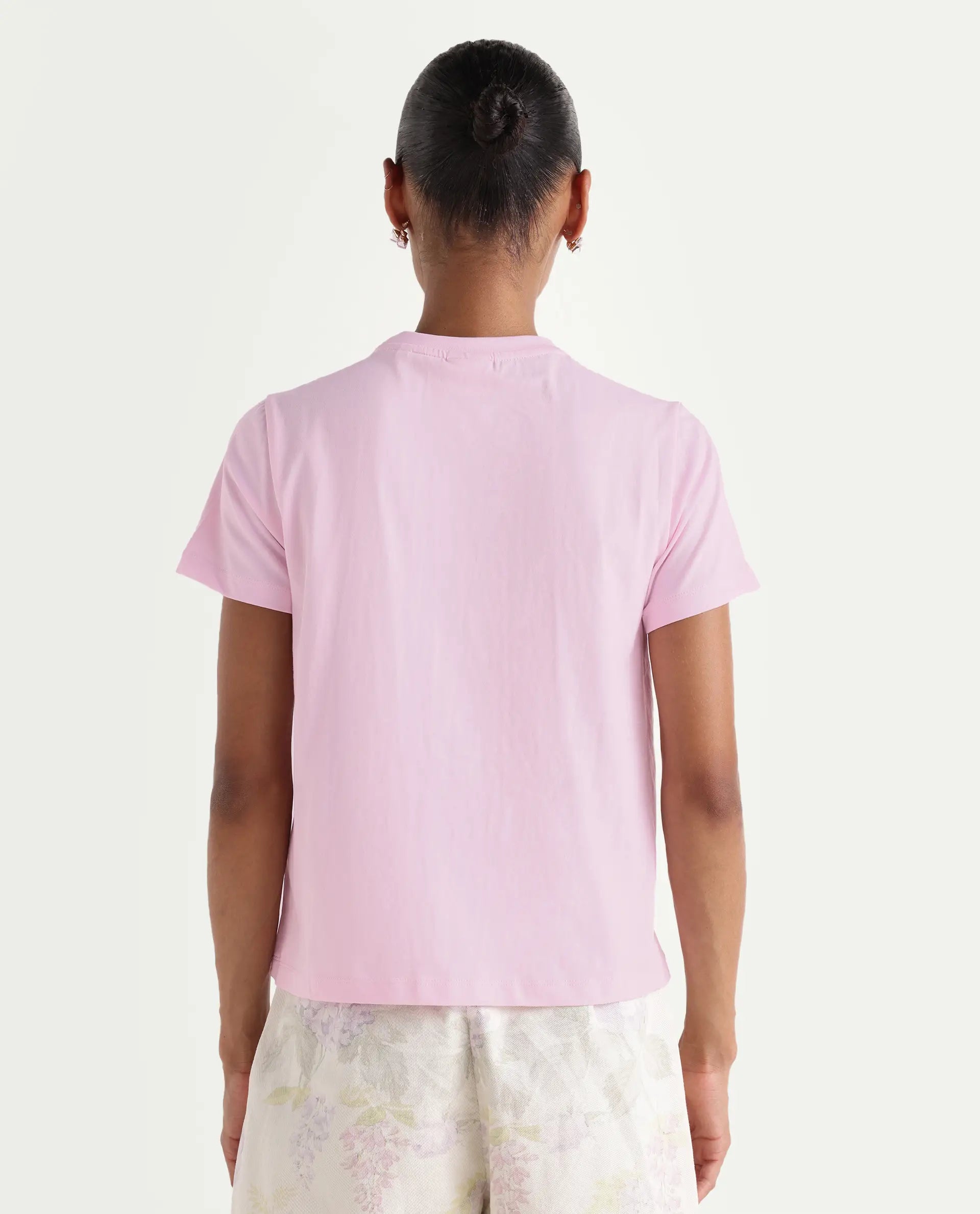 Rareism Women's Zhane Light Pink Cotton Crew Neck Pull-On Regular Typography Print T-Shirt