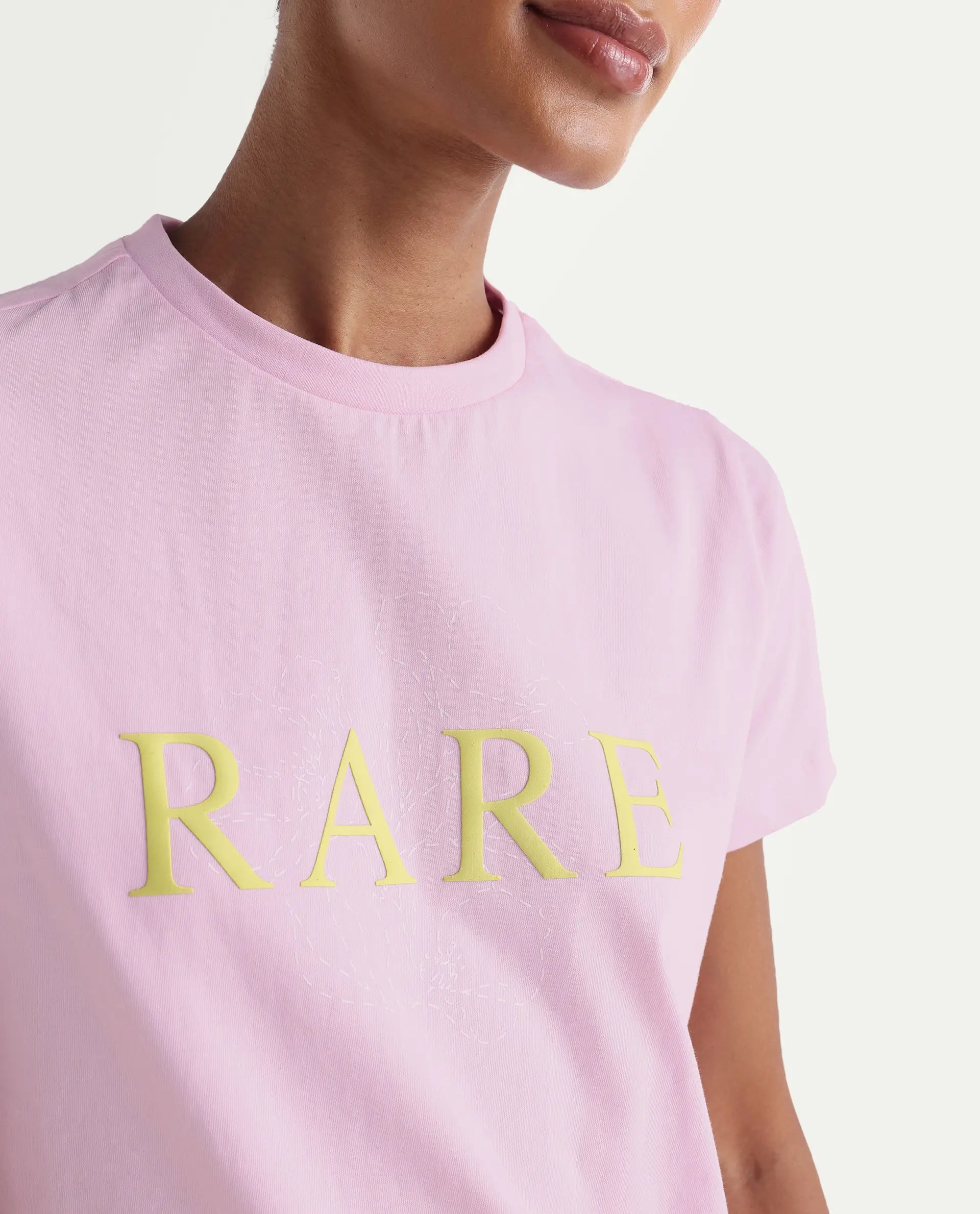 Rareism Women's Zhane Light Pink Cotton Crew Neck Pull-On Regular Typography Print T-Shirt
