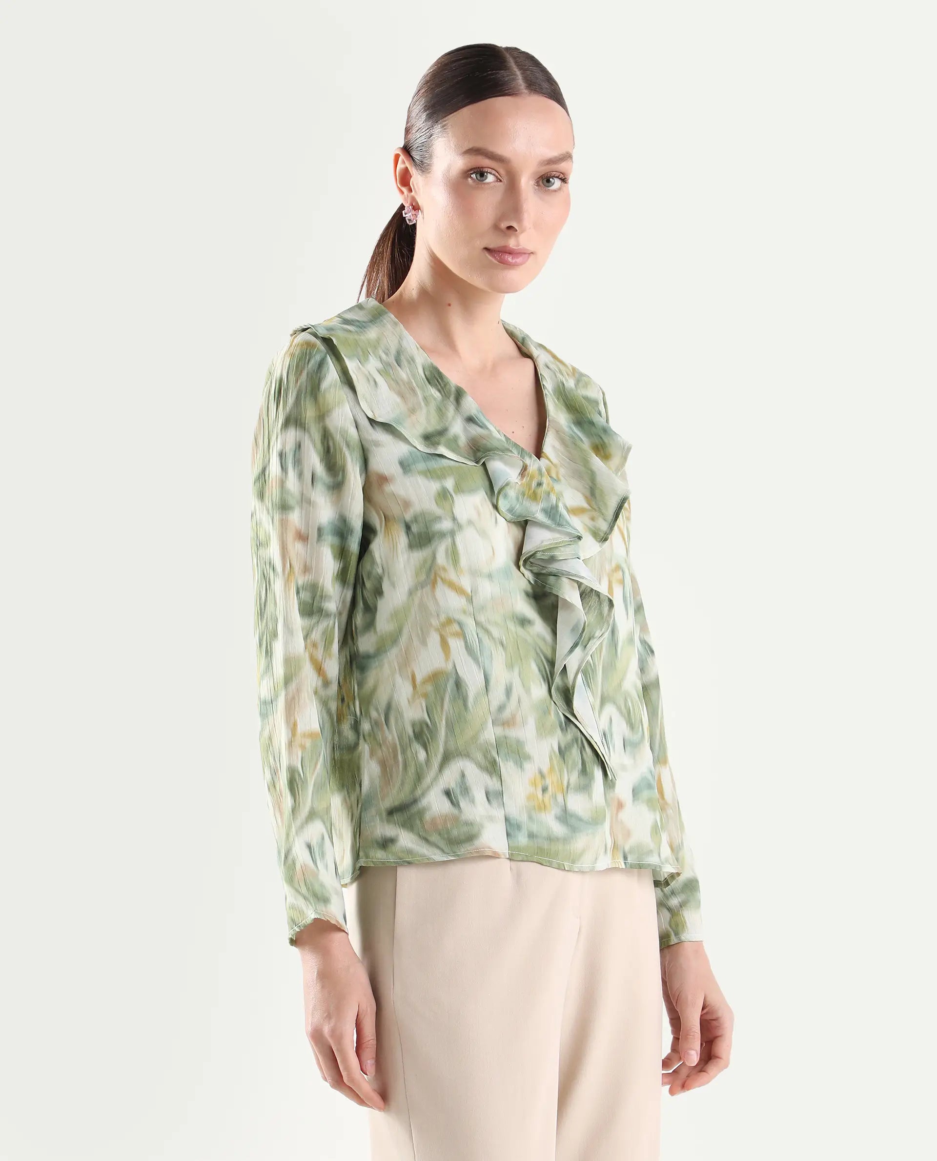 Rareism Women's Abena Light Green Polyester Full Sleeve Regular Fit Printed Top