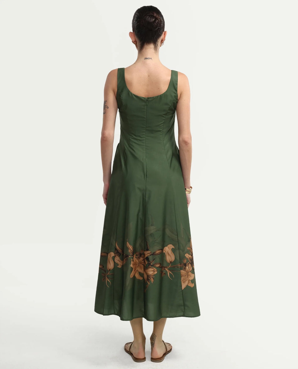 Rareism Women's Aeria Olive Polyester Sleeveless Fit And Flare Floral Print Dress