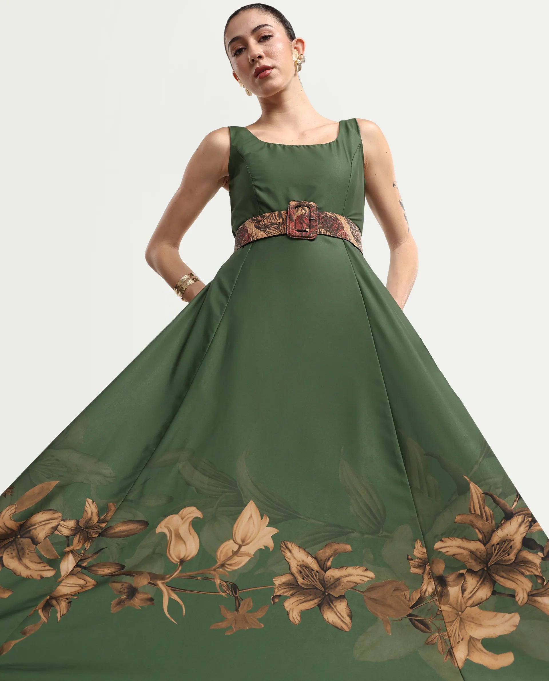 Rareism Women's Aeria Olive Polyester Sleeveless Fit And Flare Floral Print Dress