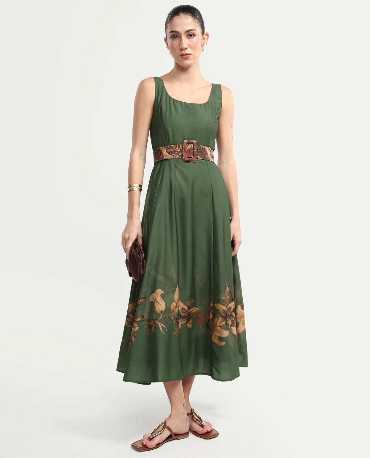 Rareism Women's Aeria Olive Polyester Sleeveless Fit And Flare Floral Print Dress