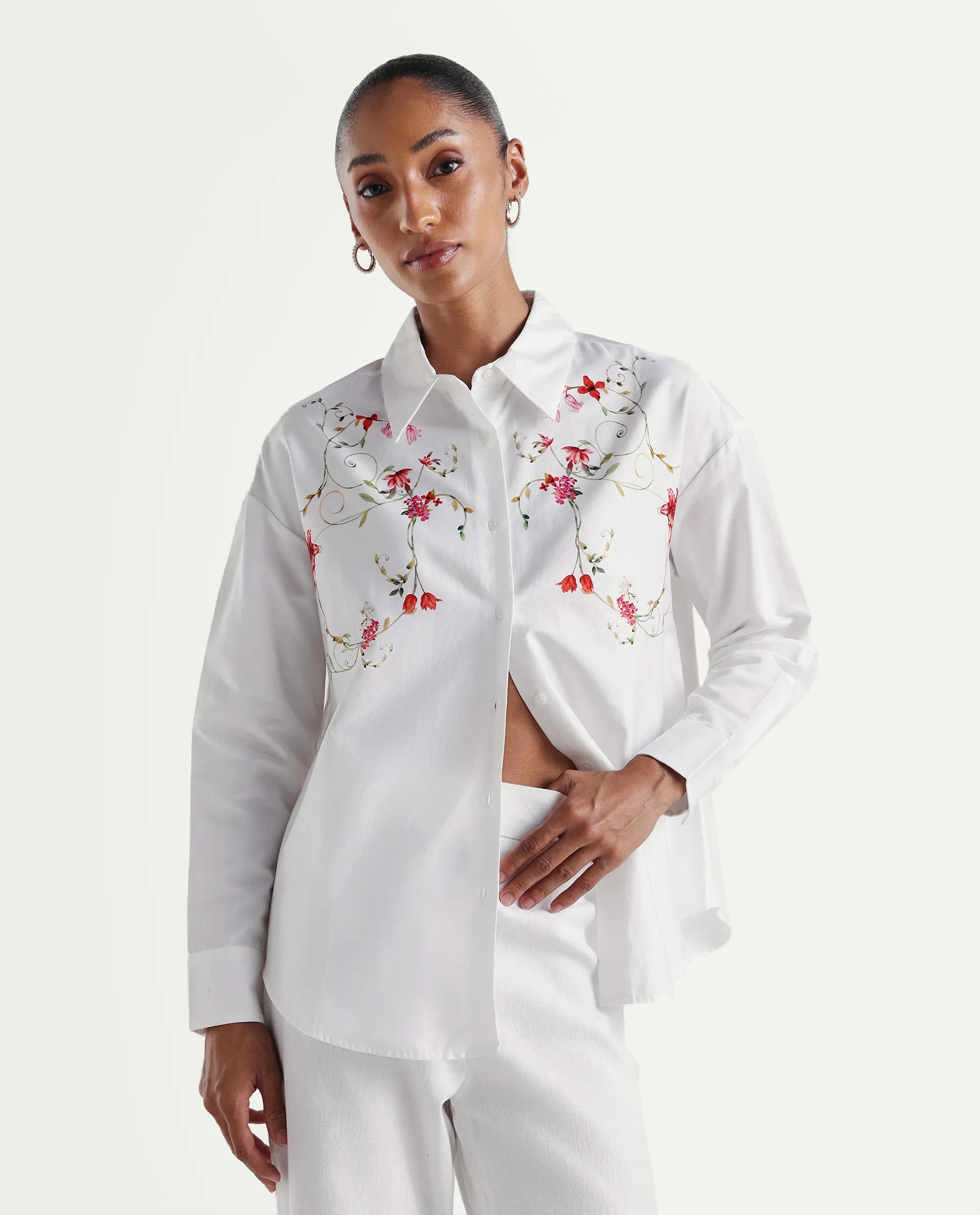 Rareism Women's Aerie Off White Cotton Satin Full Sleeve Oversize Fit Floral Print Shirt