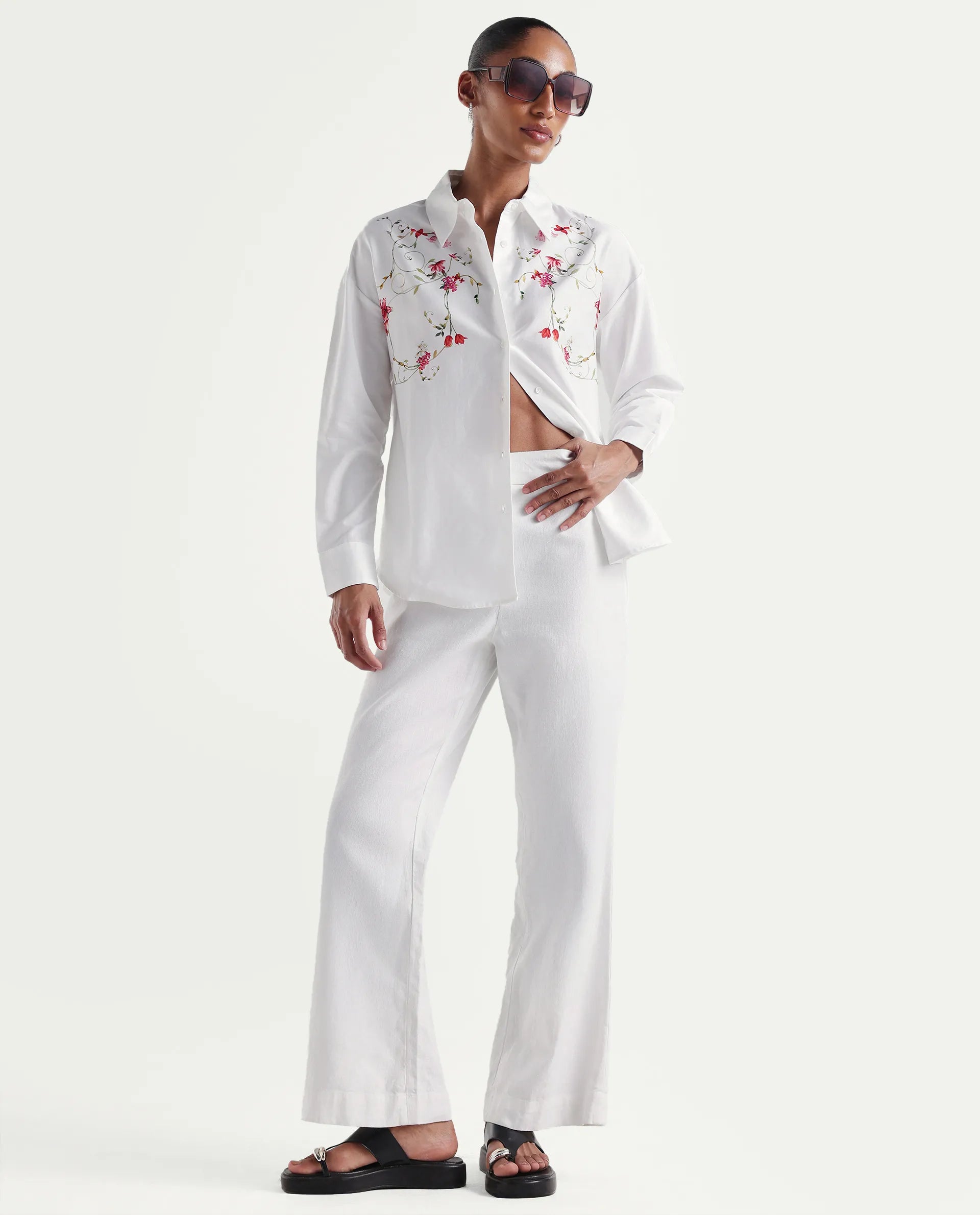 Rareism Women's Aerie Off White Cotton Satin Full Sleeve Oversize Fit Floral Print Shirt