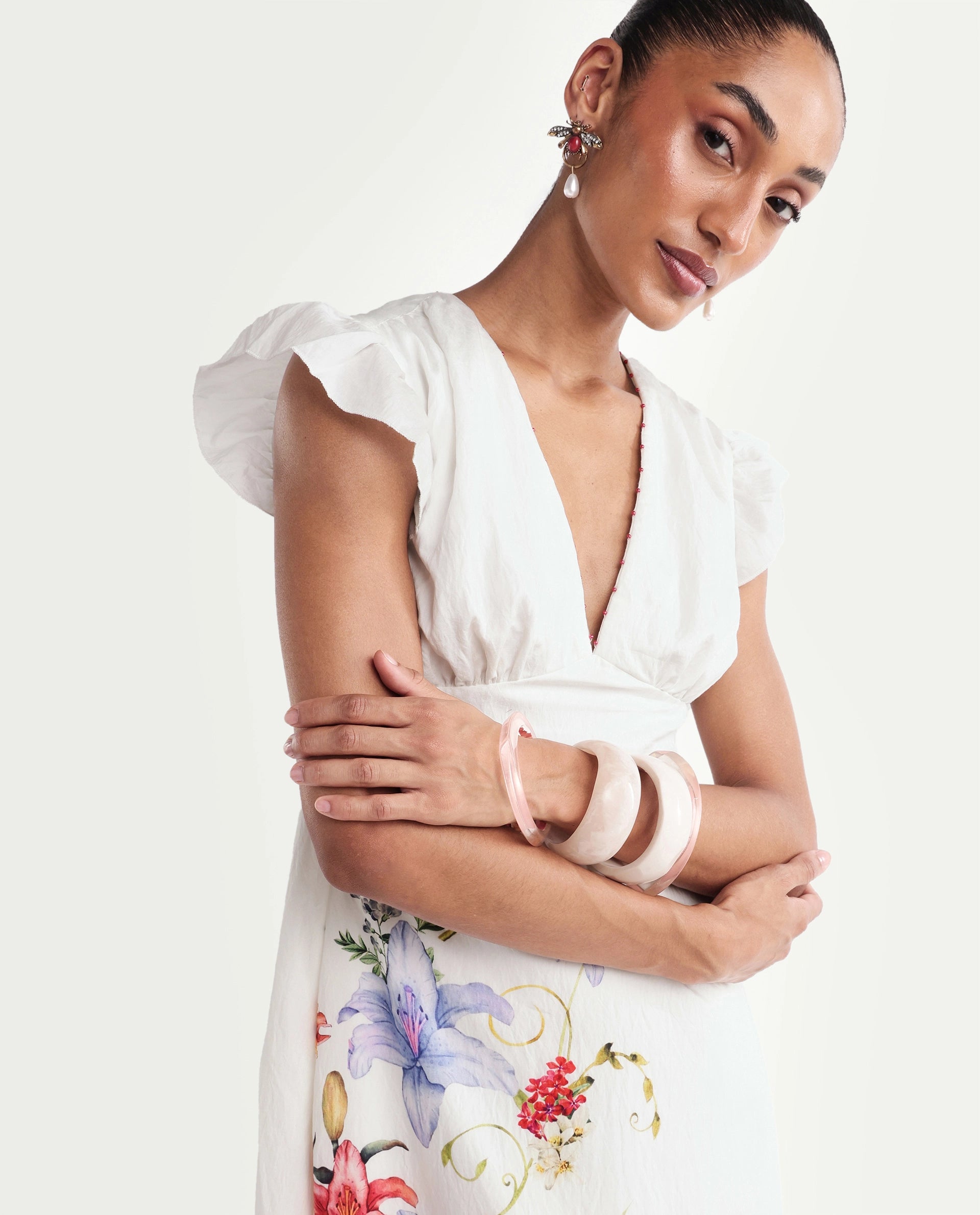 Rareism Women's Aglow Off White Viscose Blend Half Sleeve Fit And Flare Floral Print Dress