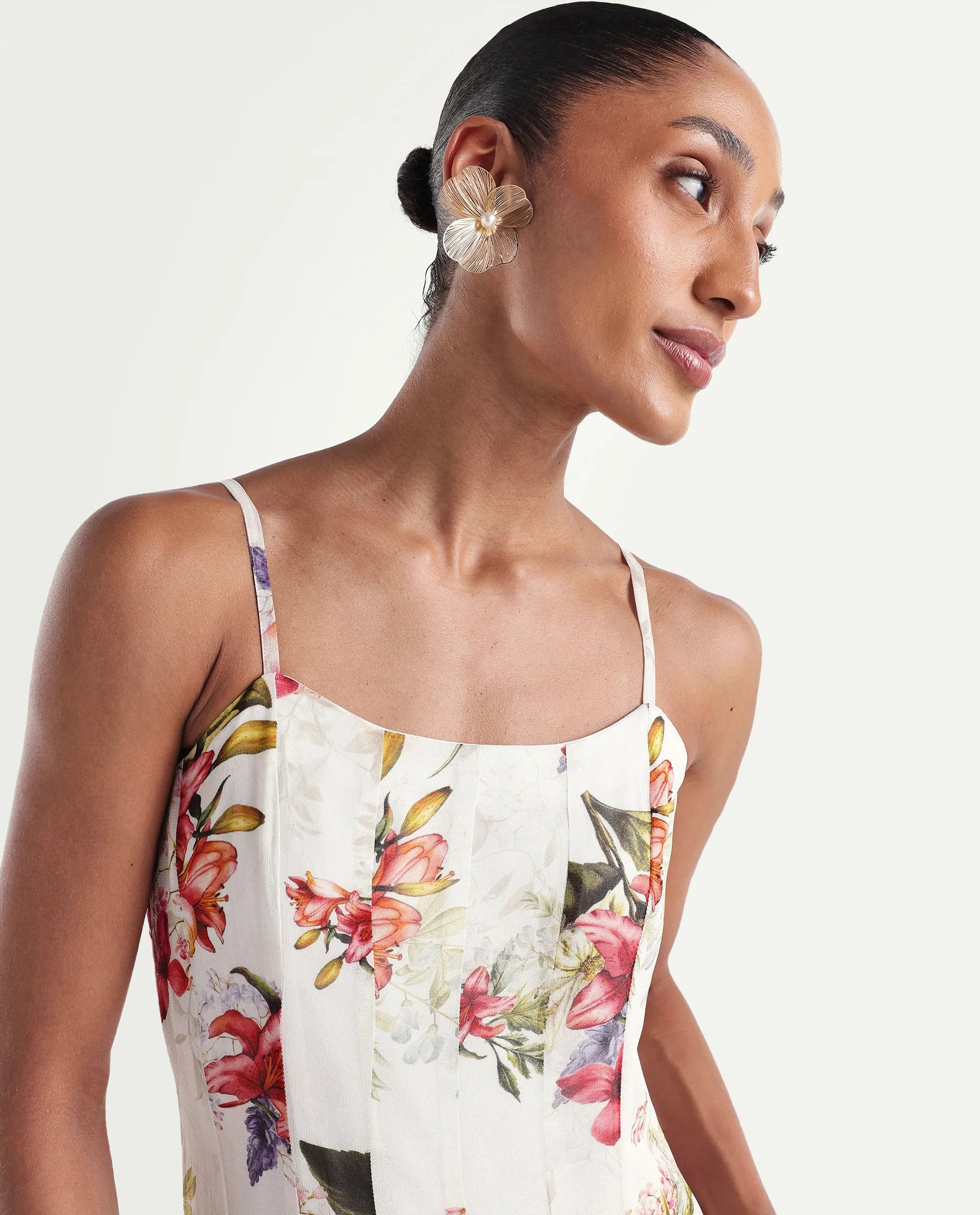 Rareism Women's Ailsa Off White Viscose Blend Sleeveless Fit And Flare Floral Print Dress