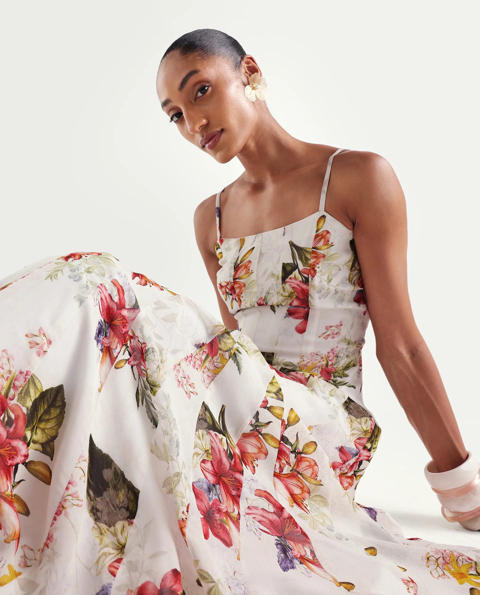 Rareism Women's Ailsa Off White Viscose Blend Sleeveless Fit And Flare Floral Print Dress