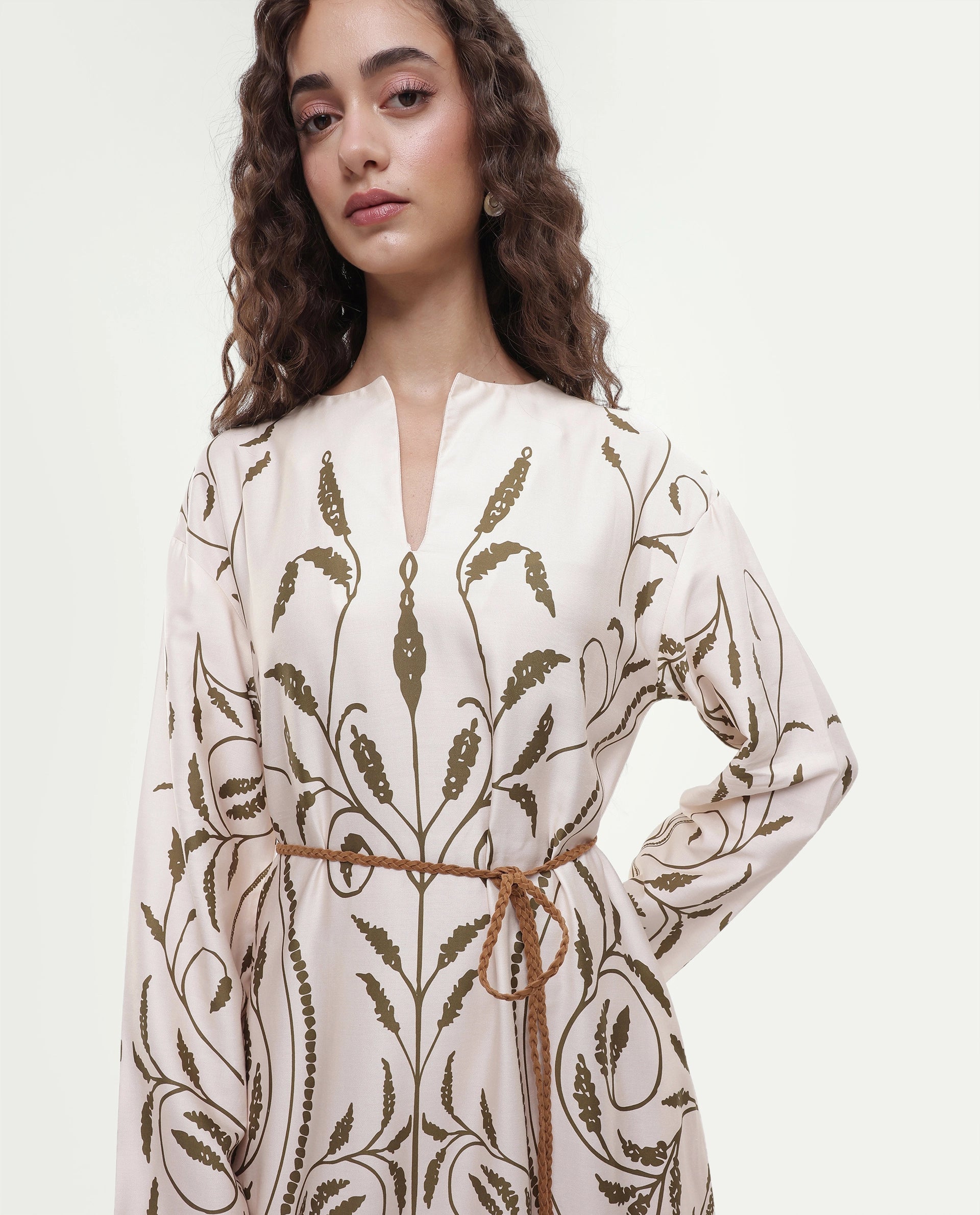 Rareism Women's Anin Beige Floral Cotton Blend A-Line Full Sleeve Dress