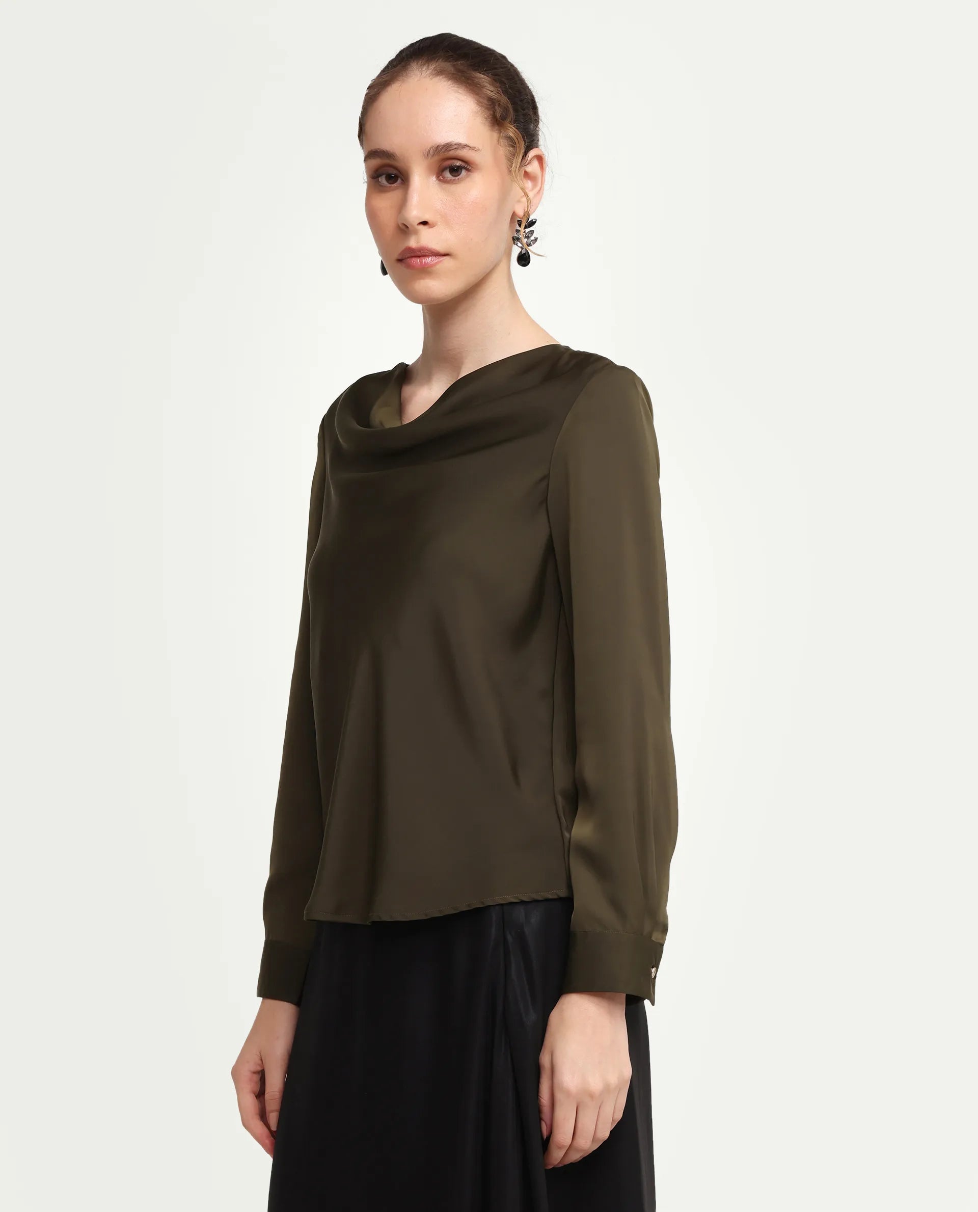 Rareism Women's Avier Olive Polyester Full Sleeve Cowl Neck Regular Fit Plain Top