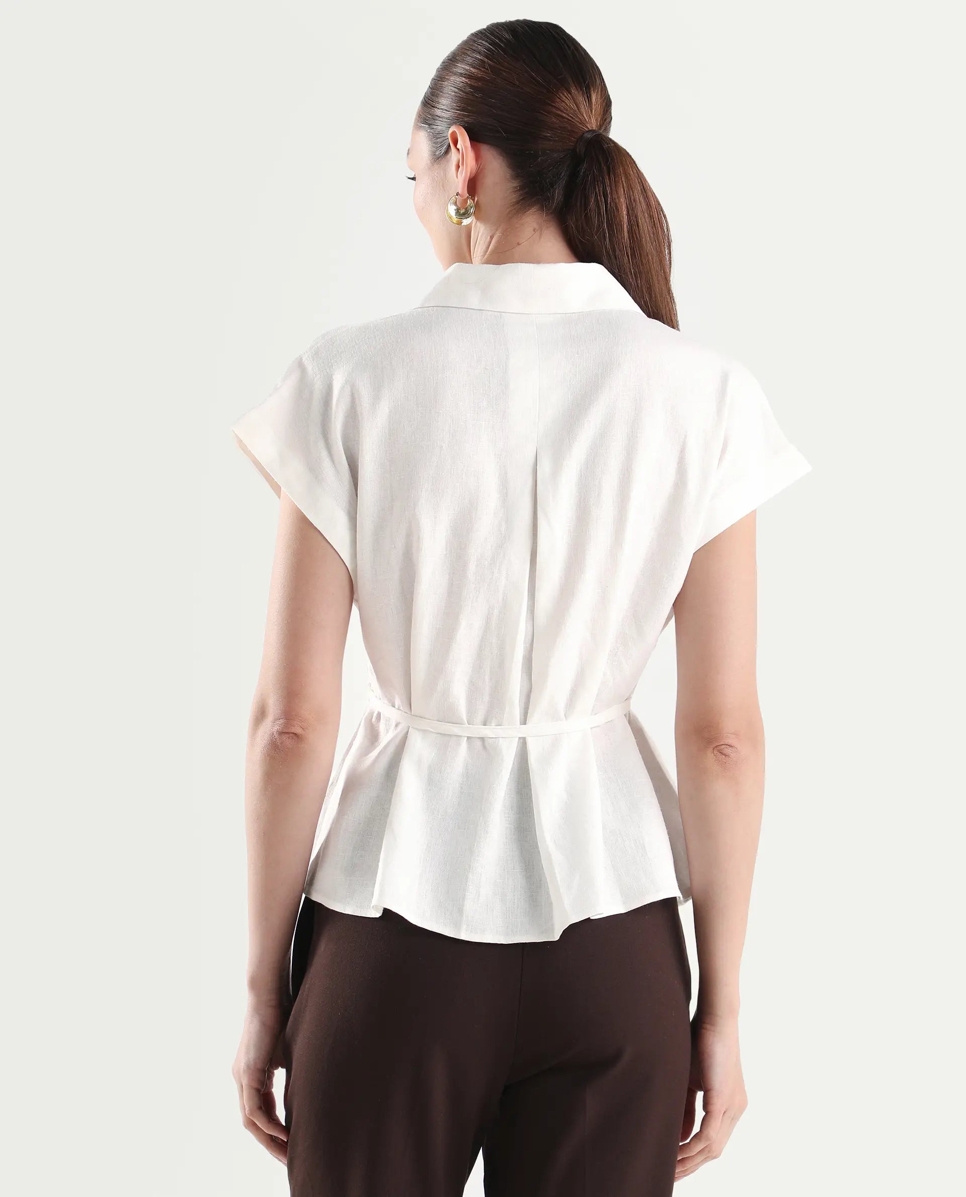 Rareism Women's Caes White Linen Blend Half Sleeve Boxy Plain Top