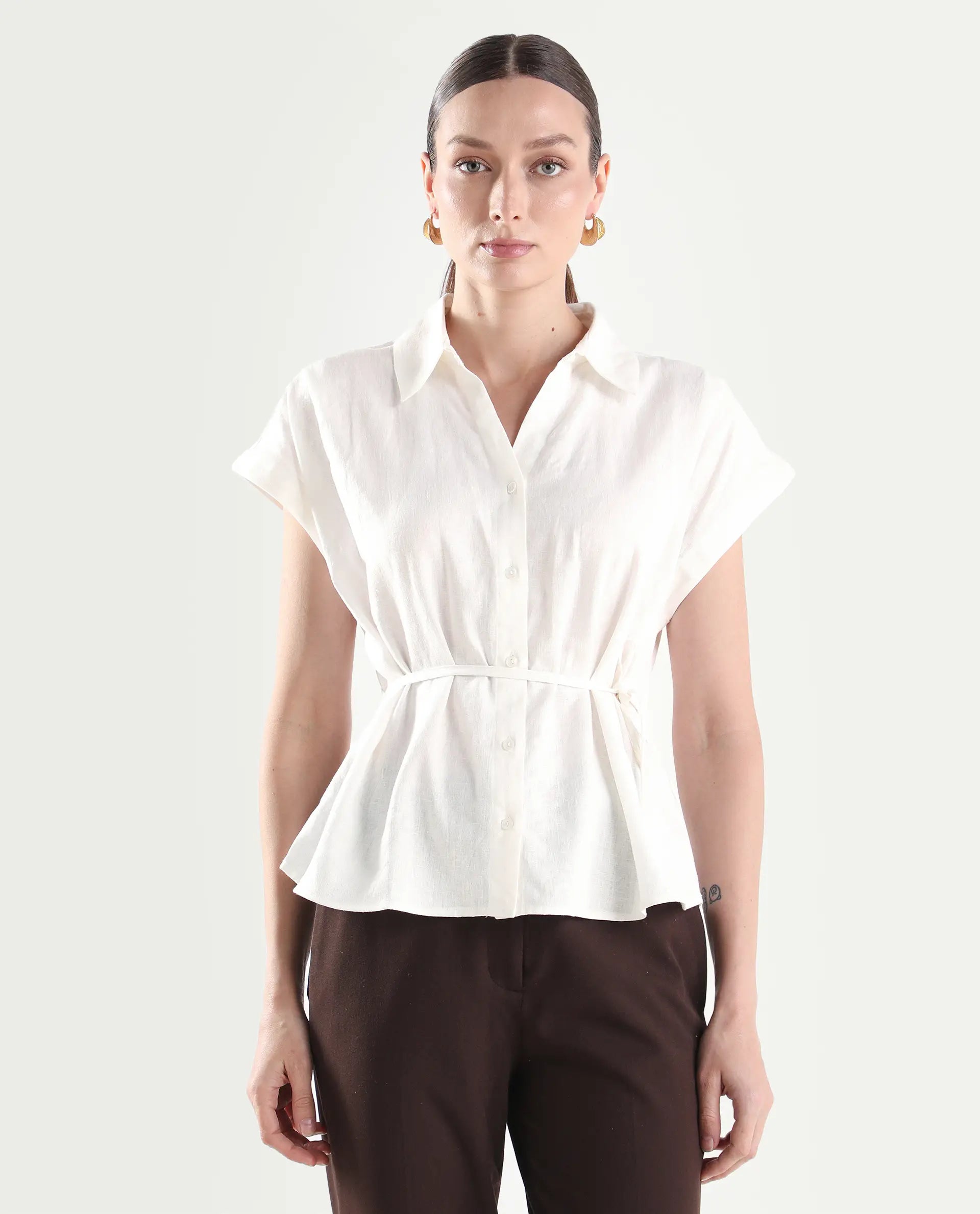 Rareism Women's Caes White Linen Blend Half Sleeve Boxy Plain Top