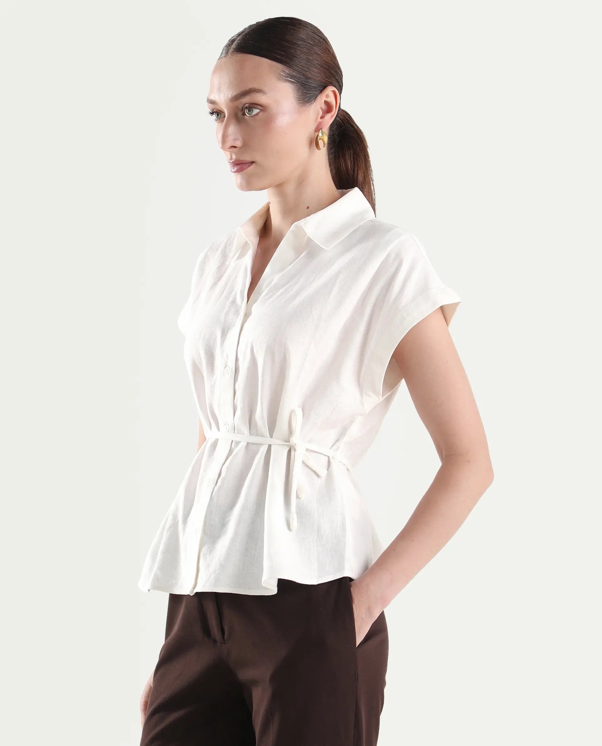 Rareism Women's Caes White Linen Blend Half Sleeve Boxy Plain Top