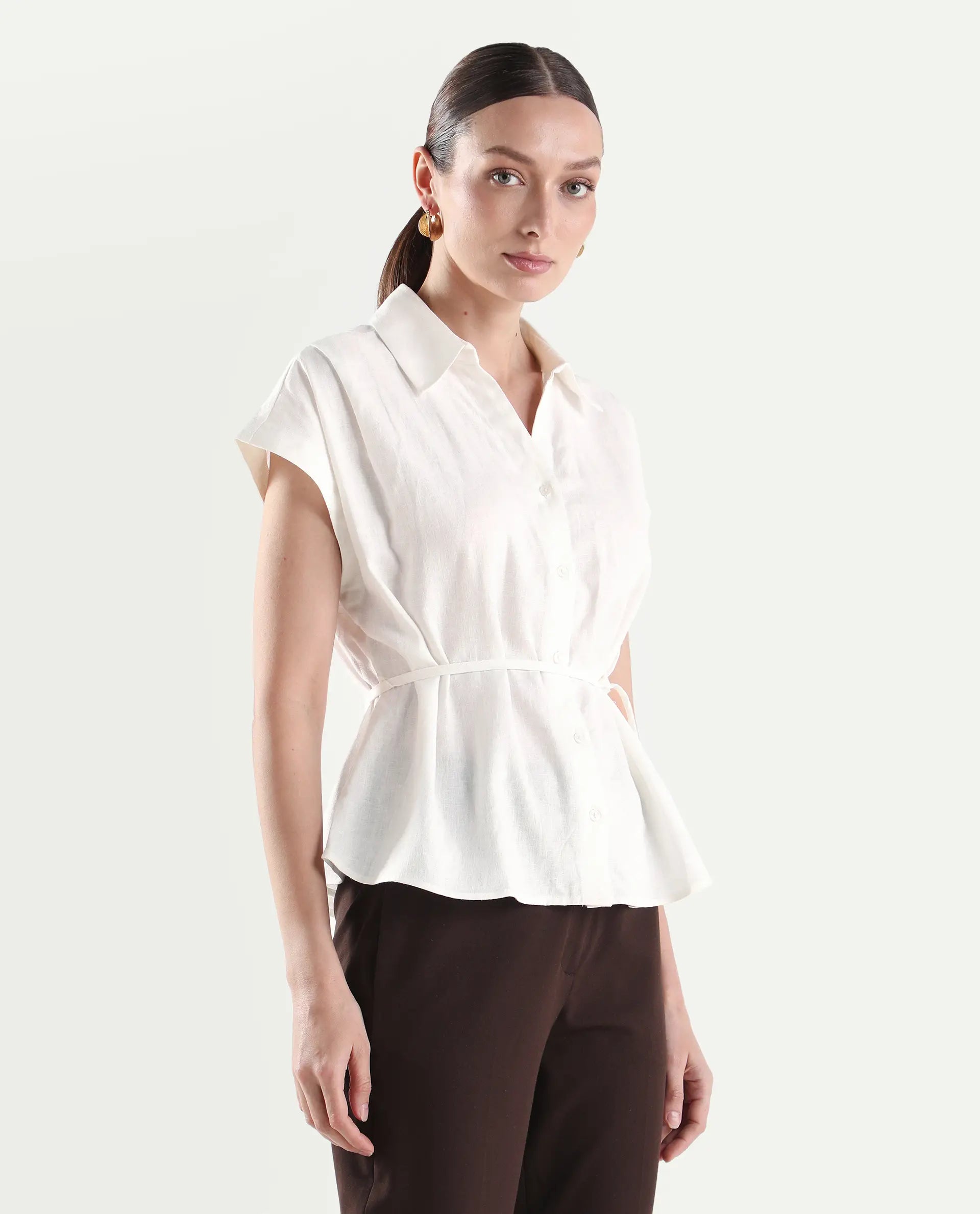 Rareism Women's Caes White Linen Blend Half Sleeve Boxy Plain Top