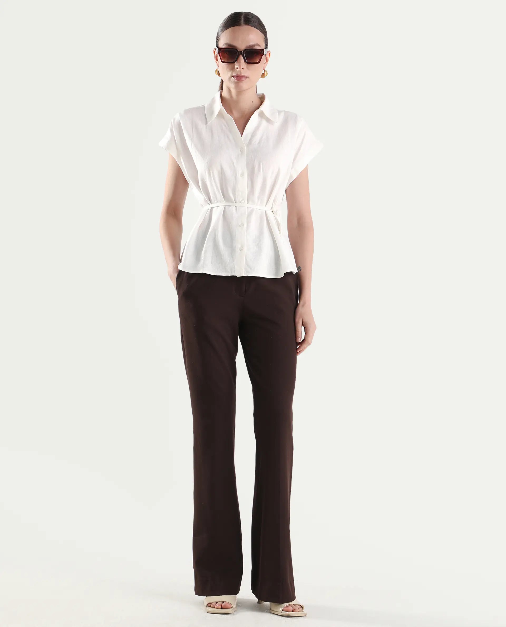 Rareism Women's Caes White Linen Blend Half Sleeve Boxy Plain Top
