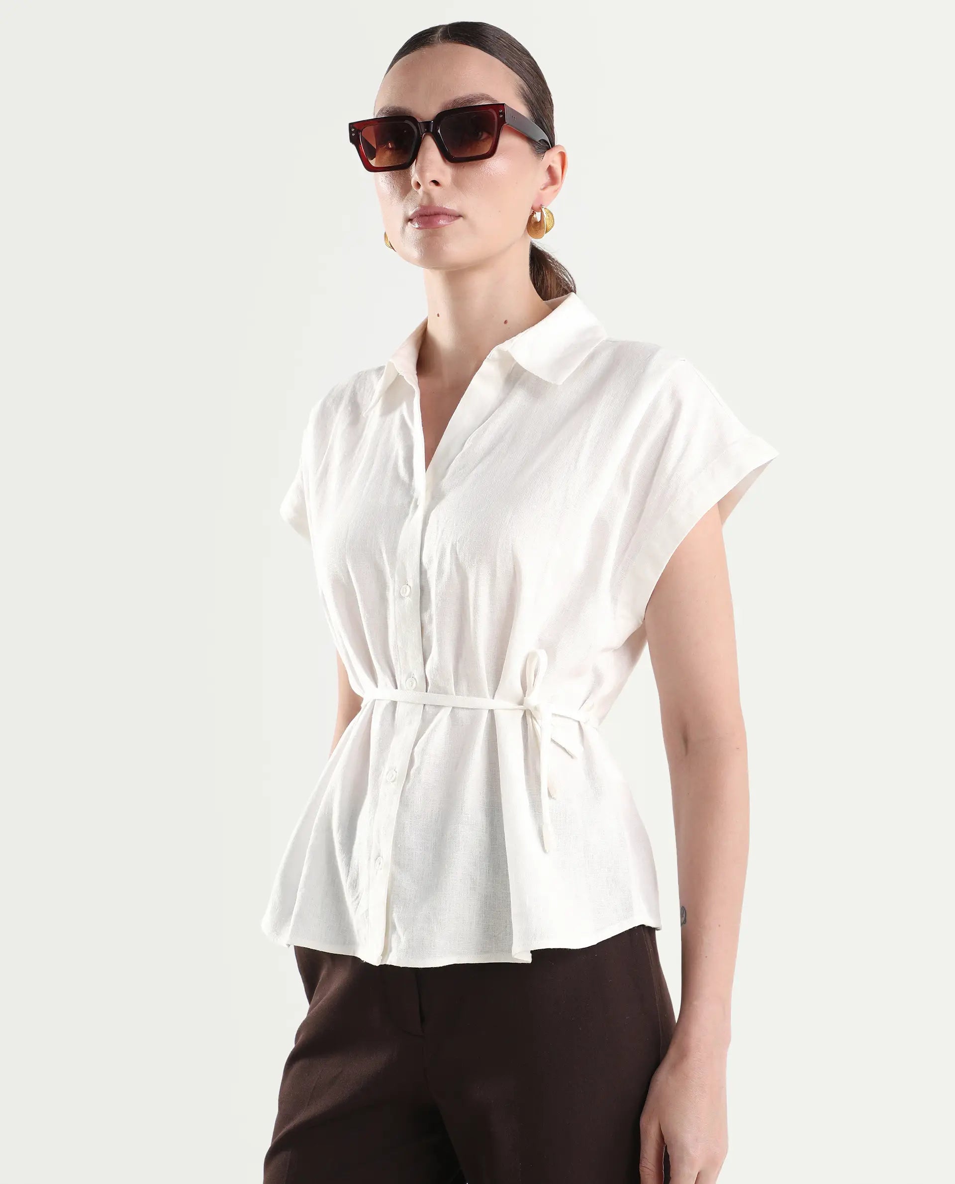 Rareism Women's Caes White Linen Blend Half Sleeve Boxy Plain Top