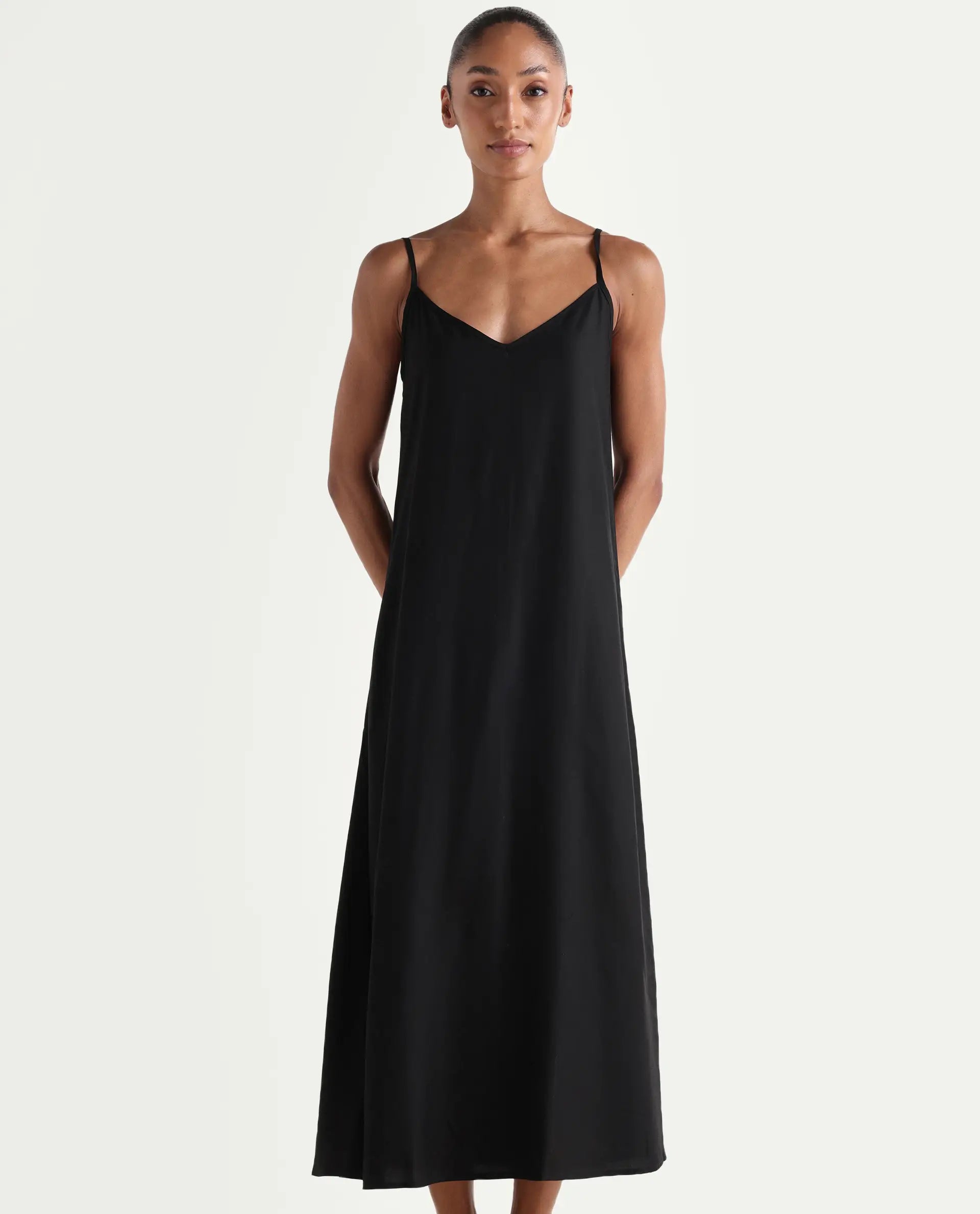 Rareism Women's Carlia Black Viscose Blend Full Sleeve Flared Plain Dress