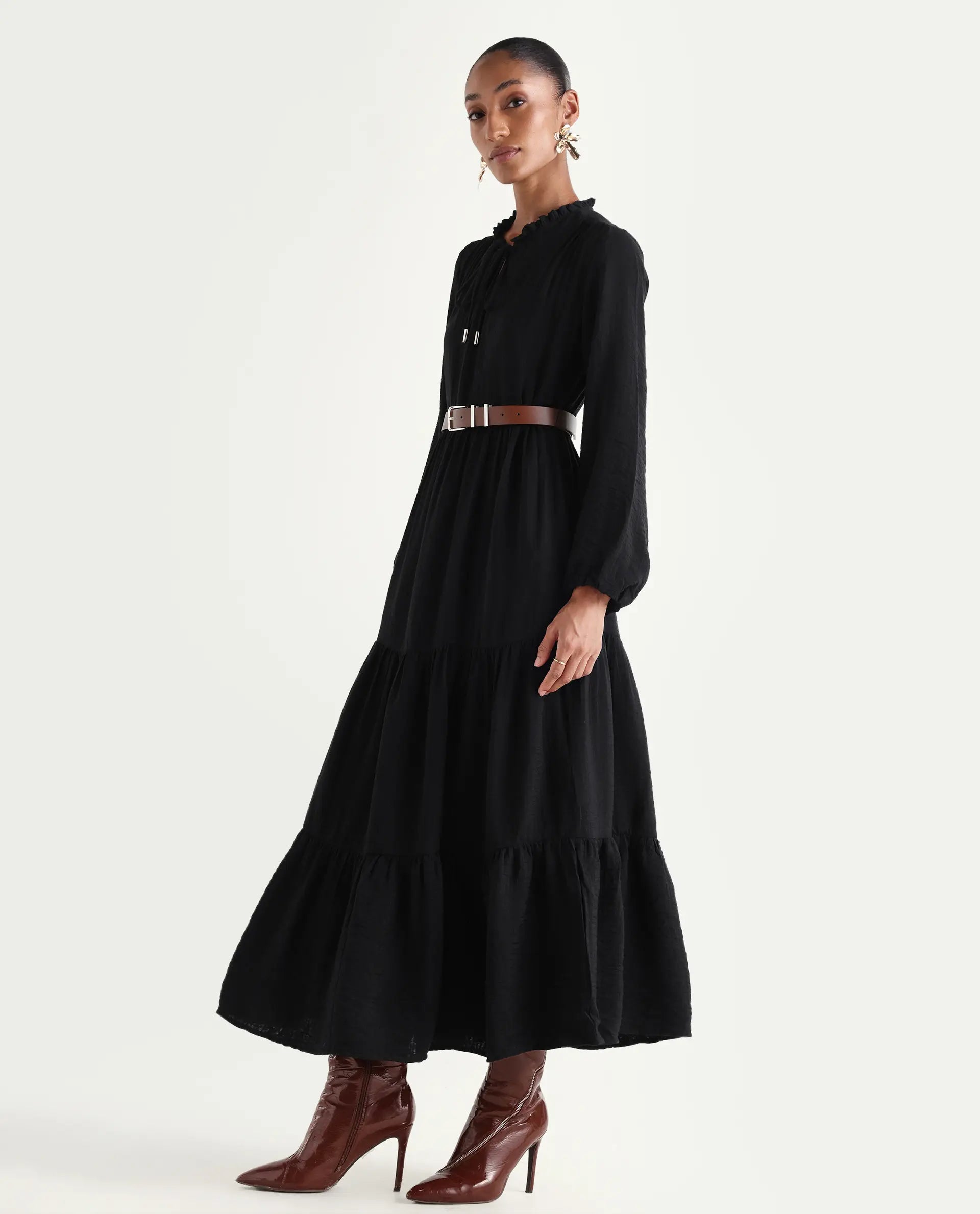 Rareism Women's Carlia Black Viscose Blend Full Sleeve Flared Plain Dress