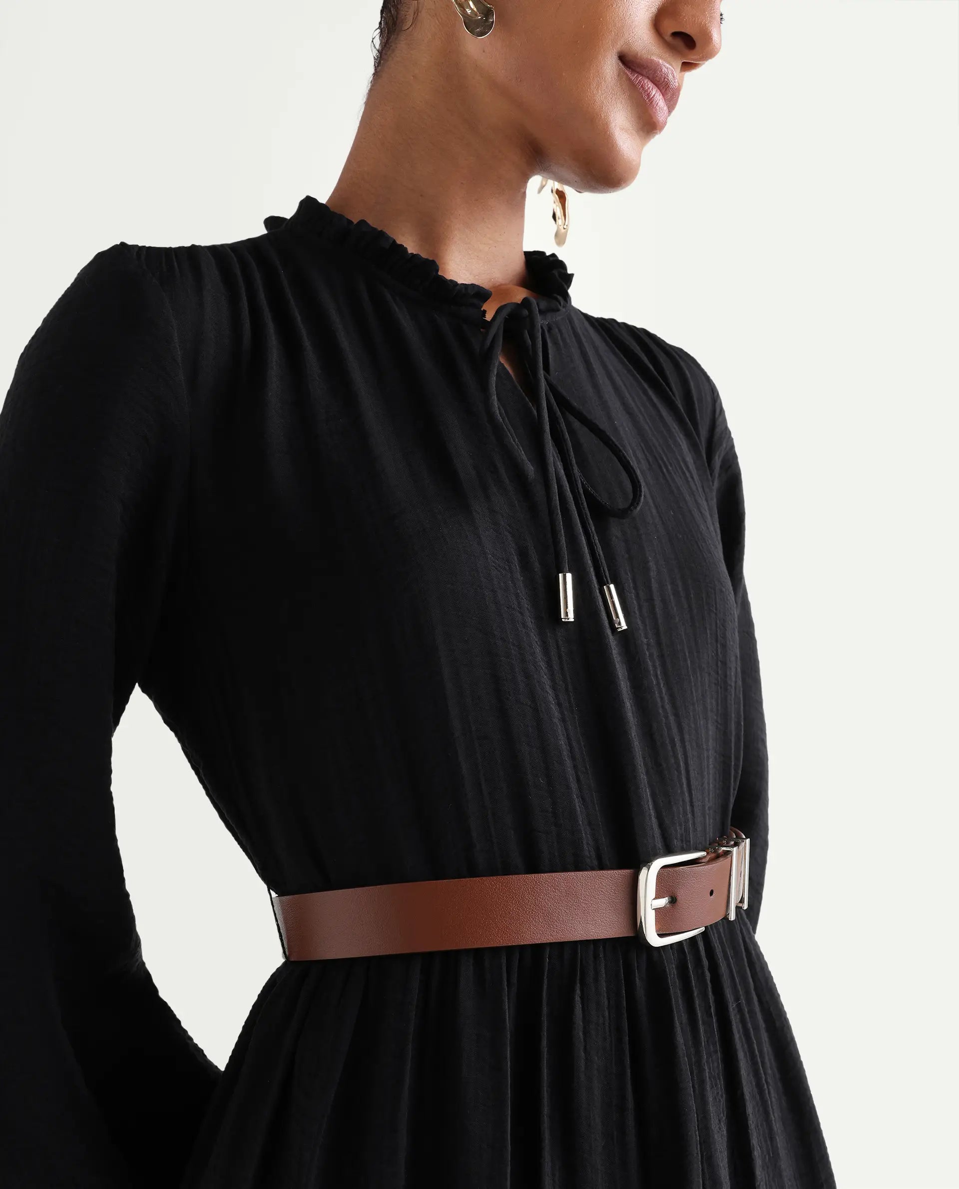 Rareism Women's Carlia Black Viscose Blend Full Sleeve Flared Plain Dress