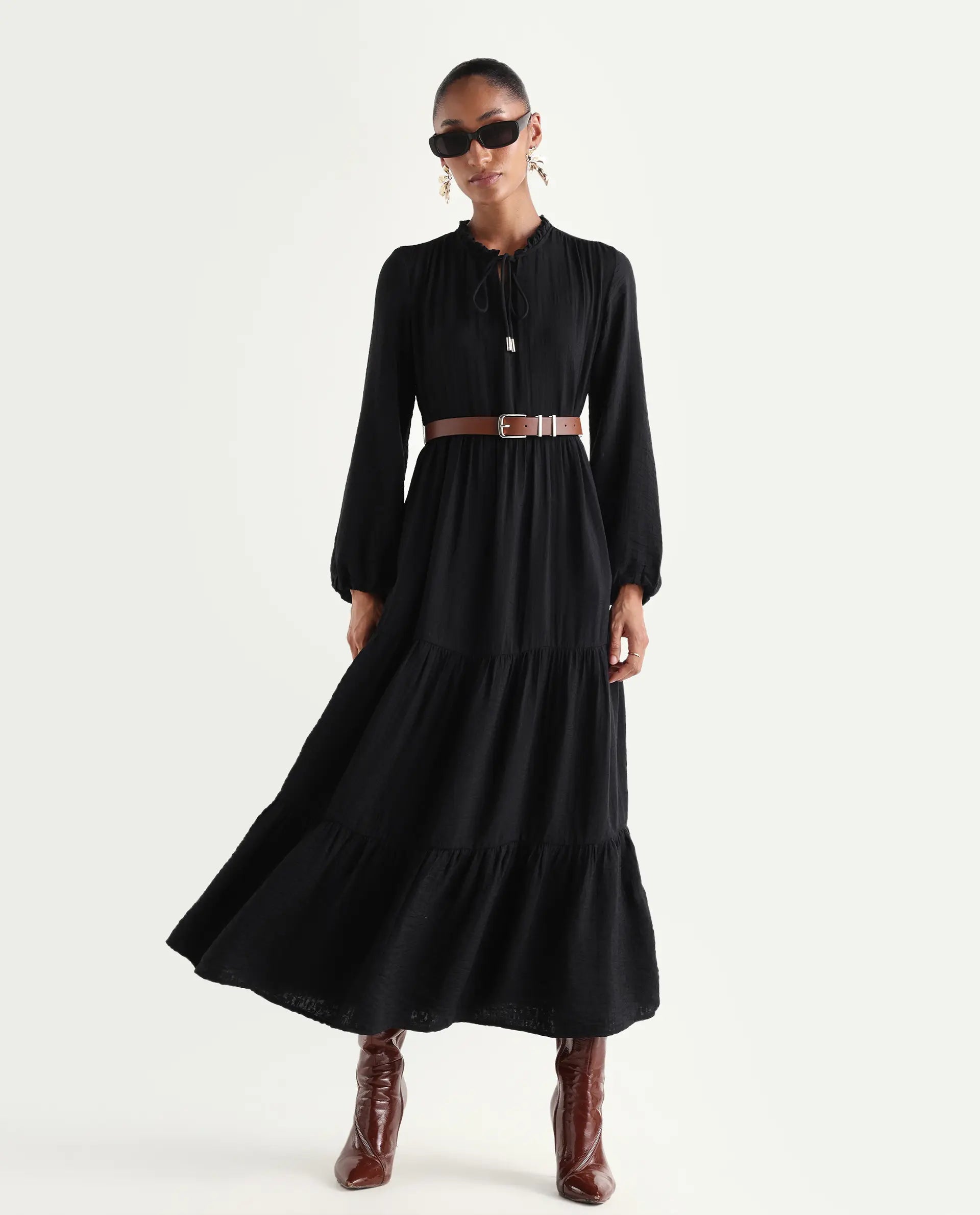 Rareism Women's Carlia Black Viscose Blend Full Sleeve Flared Plain Dress