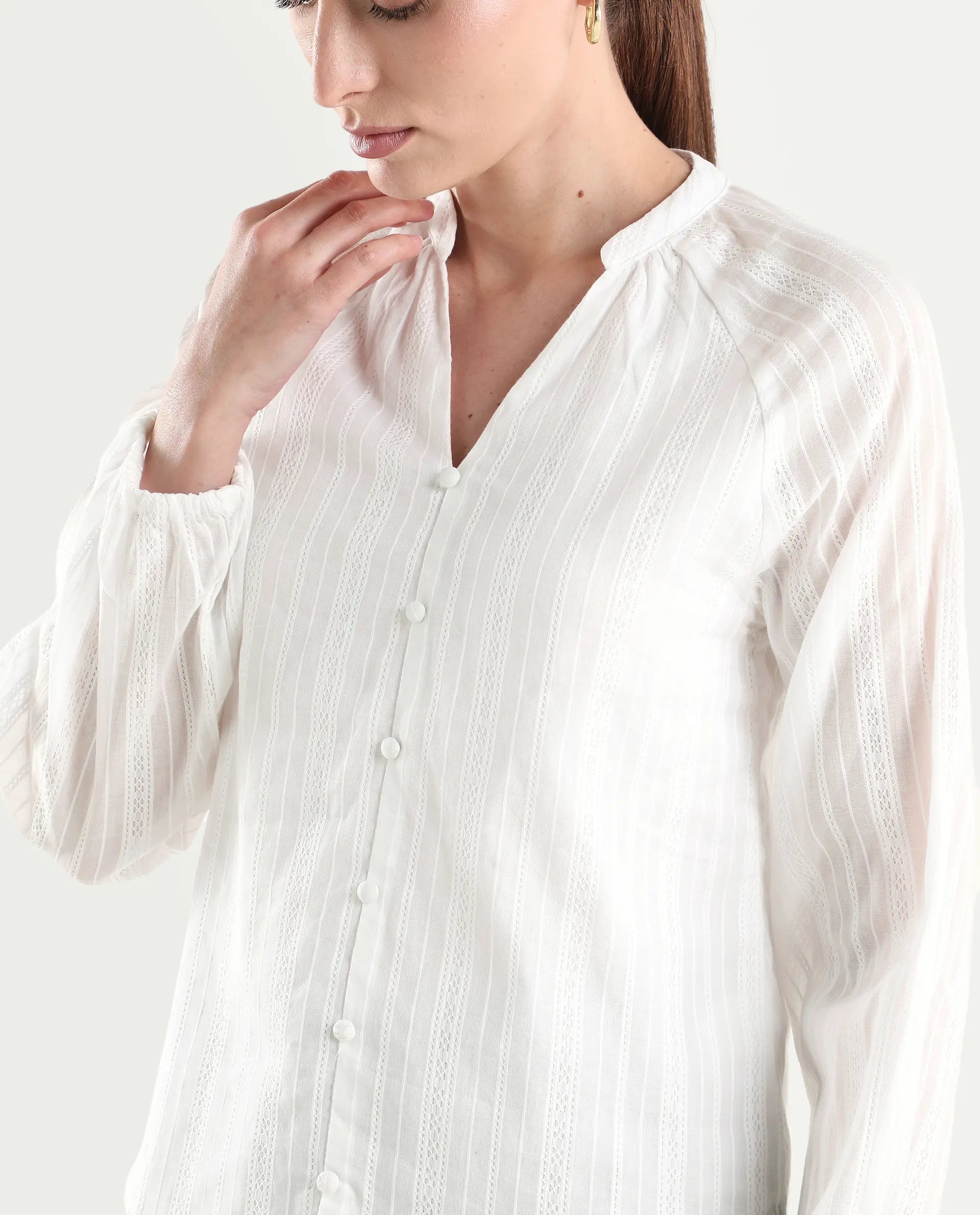 Rareism Women's Cava White Cotton Full Sleeve Regular Fit Plain Top