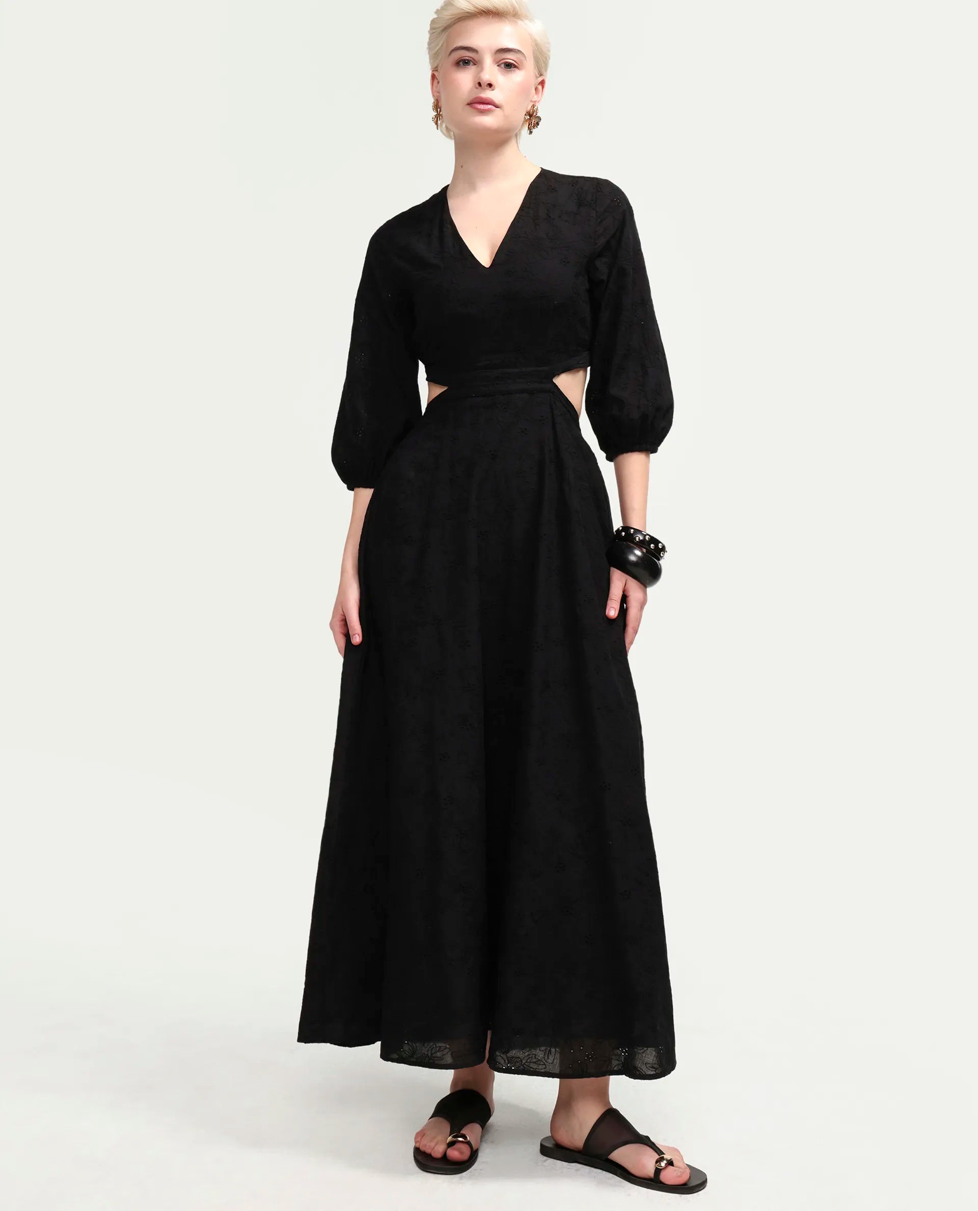 Rareism Women's Cazie Black Cotton 3/4Th Sleeve Fit And Flare Plain Dress