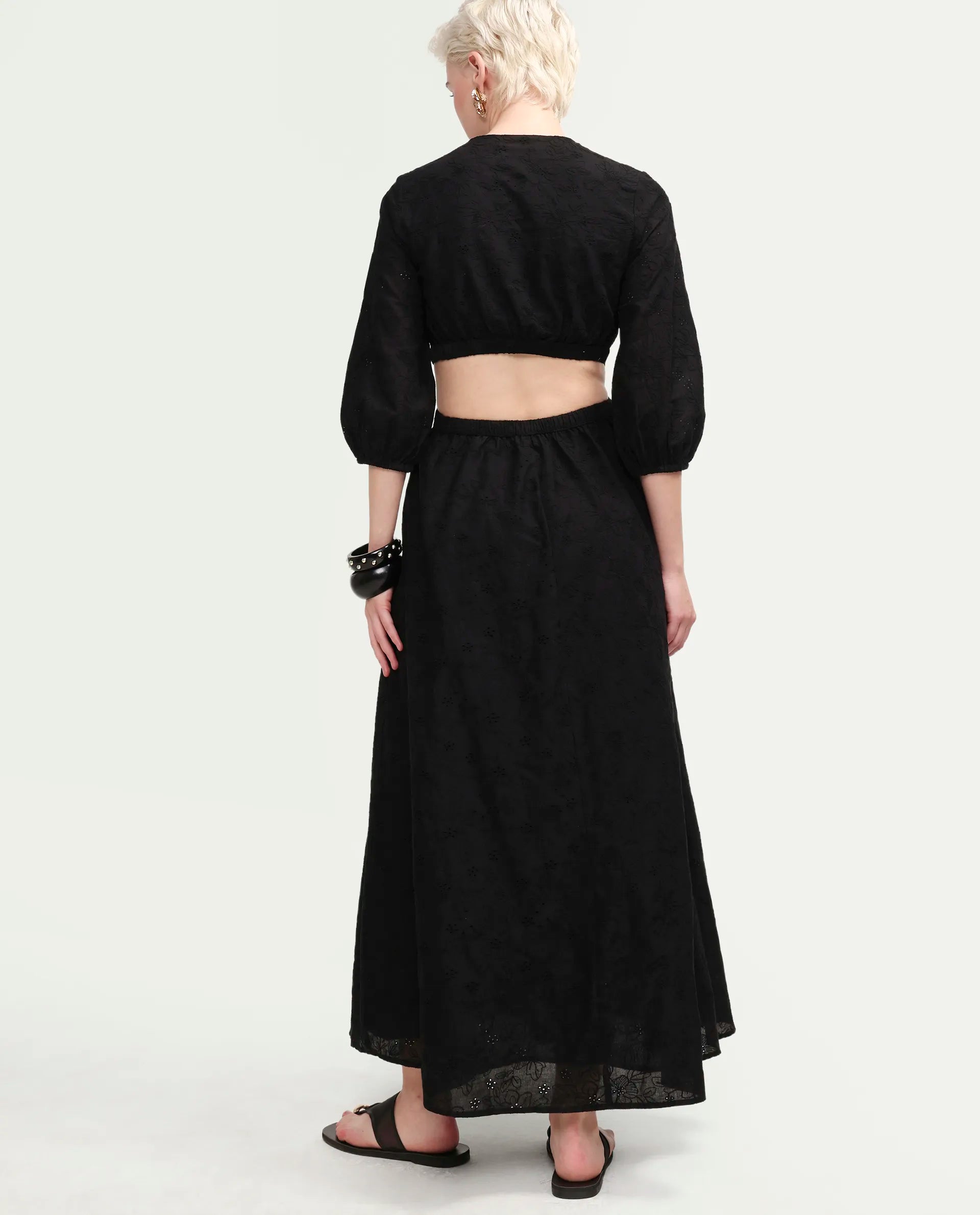 Rareism Women's Cazie Black Cotton 3/4Th Sleeve Fit And Flare Plain Dress