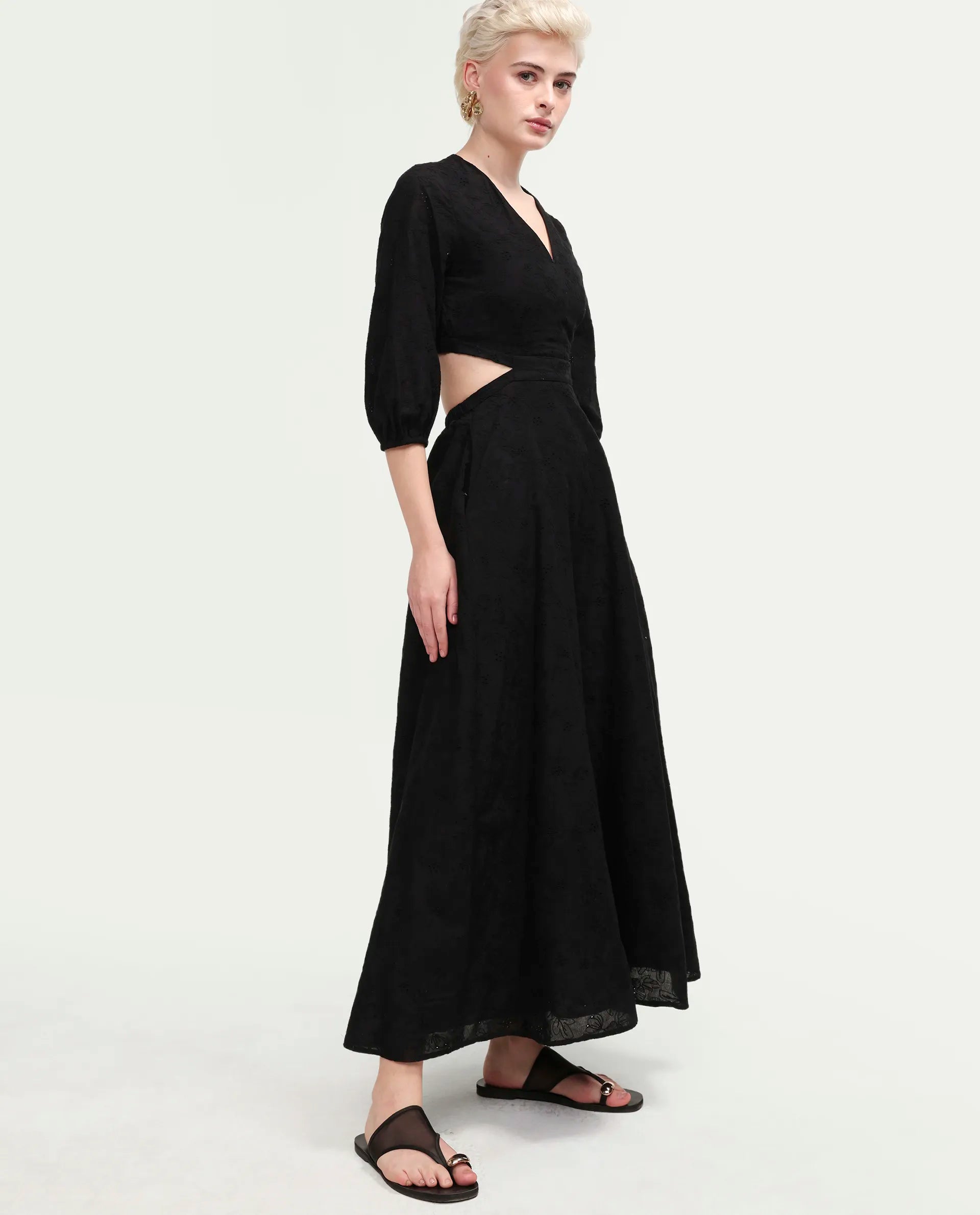 Rareism Women's Cazie Black Cotton 3/4Th Sleeve Fit And Flare Plain Dress