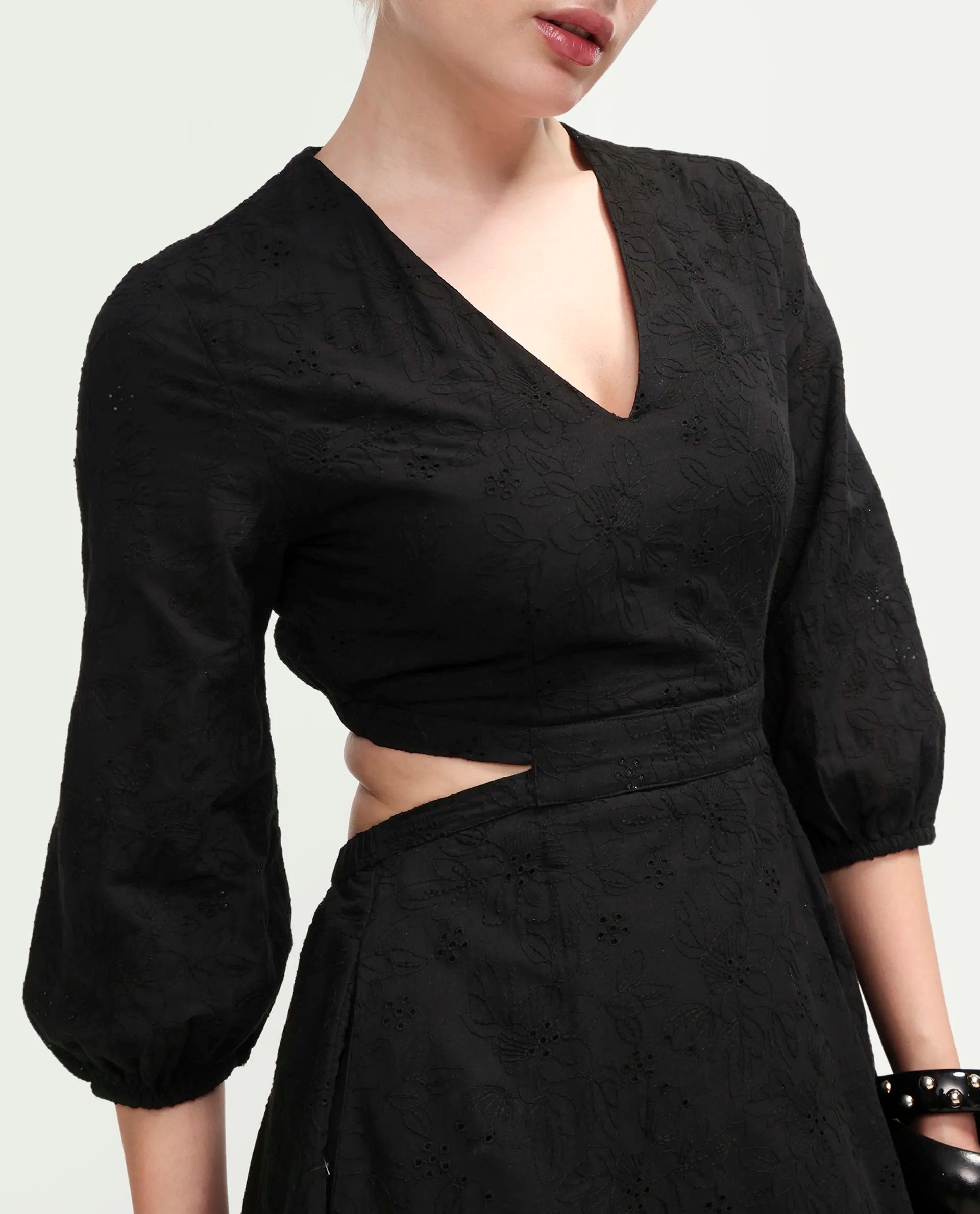 Rareism Women's Cazie Black Cotton 3/4Th Sleeve Fit And Flare Plain Dress