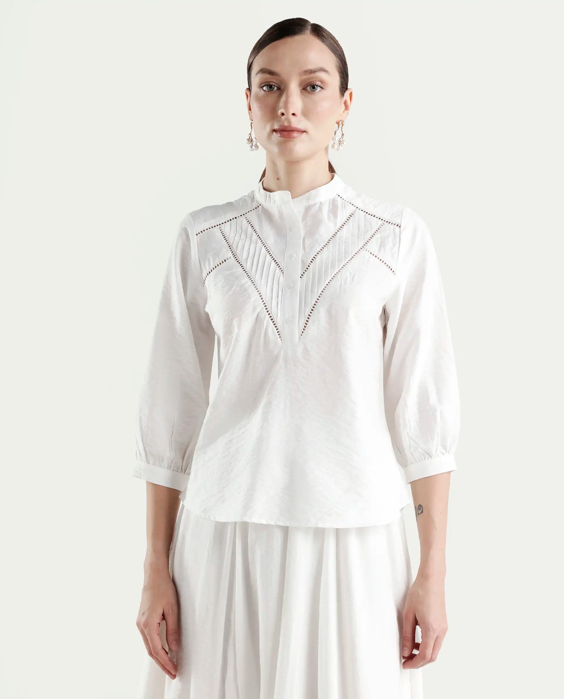 Rareism Women's Ceya White Viscose Blend 3/4th Sleeve Regular Fit Plain Top