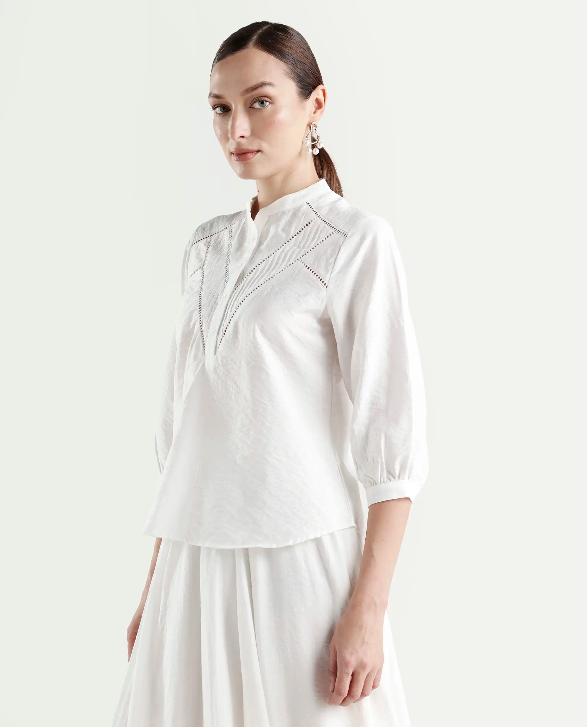 Rareism Women's Ceya White Viscose Blend 3/4th Sleeve Regular Fit Plain Top
