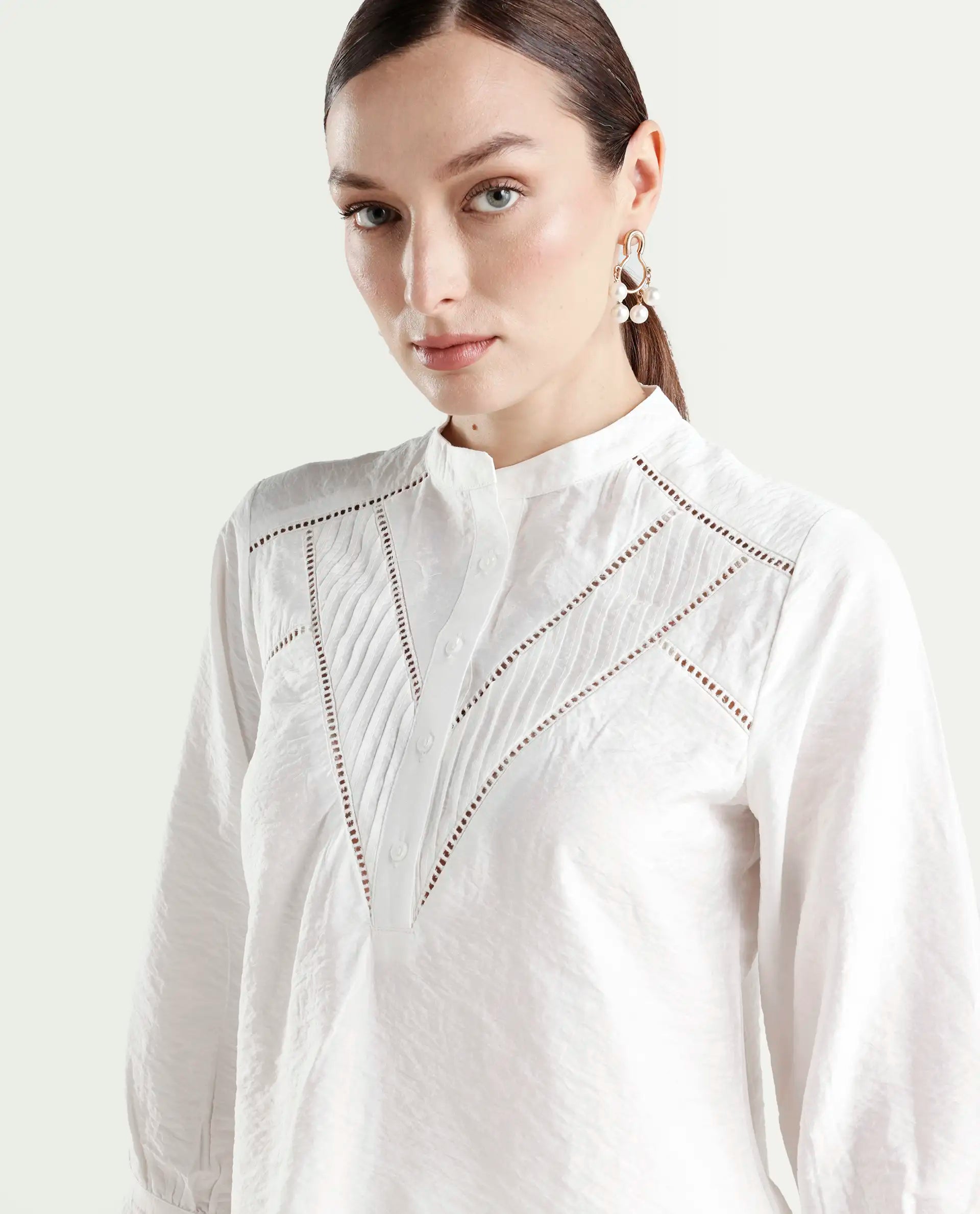 Rareism Women's Ceya White Viscose Blend 3/4th Sleeve Regular Fit Plain Top