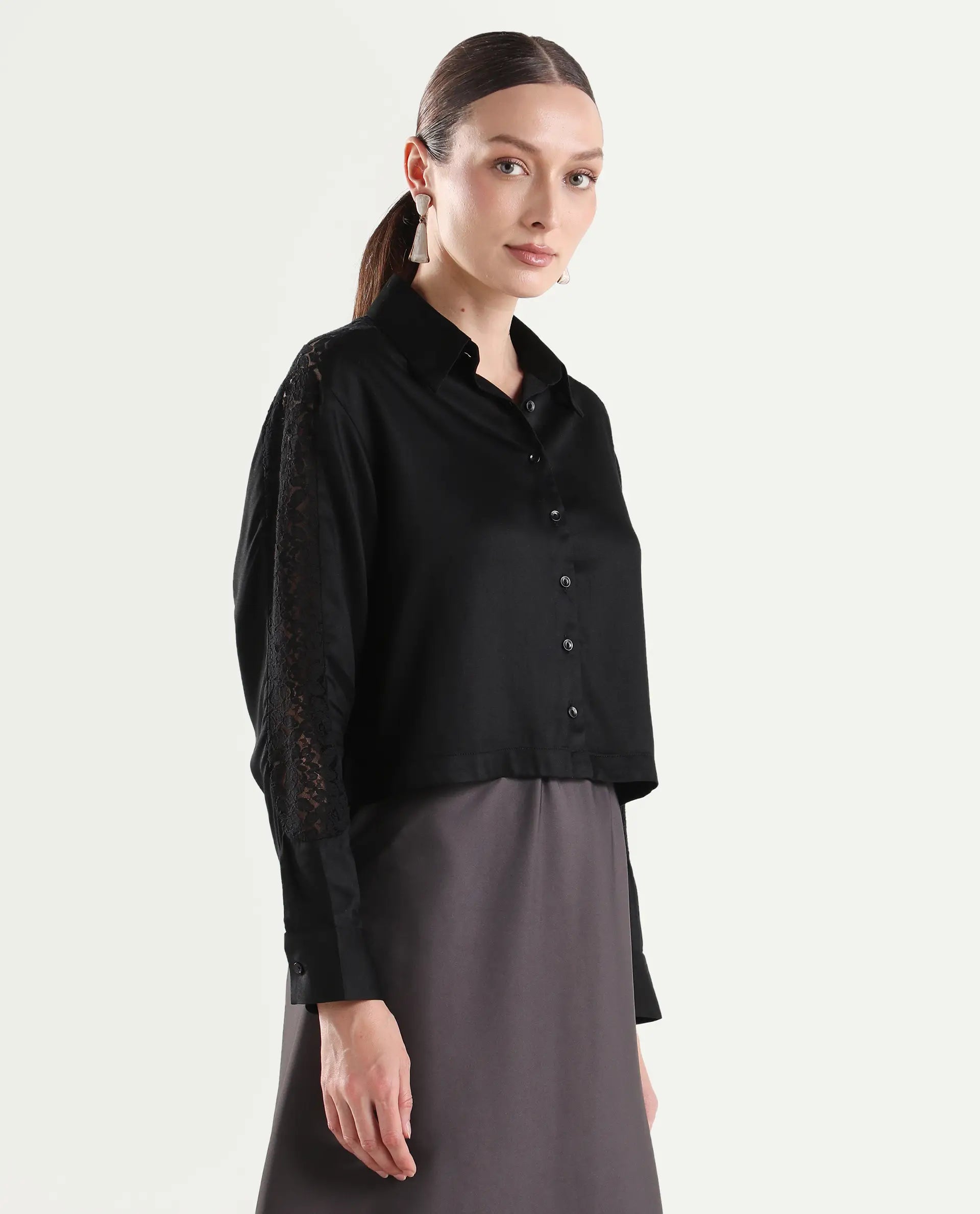 Rareism Women's Cici Black Viscose Full Sleeve Boxy Plain Shirt