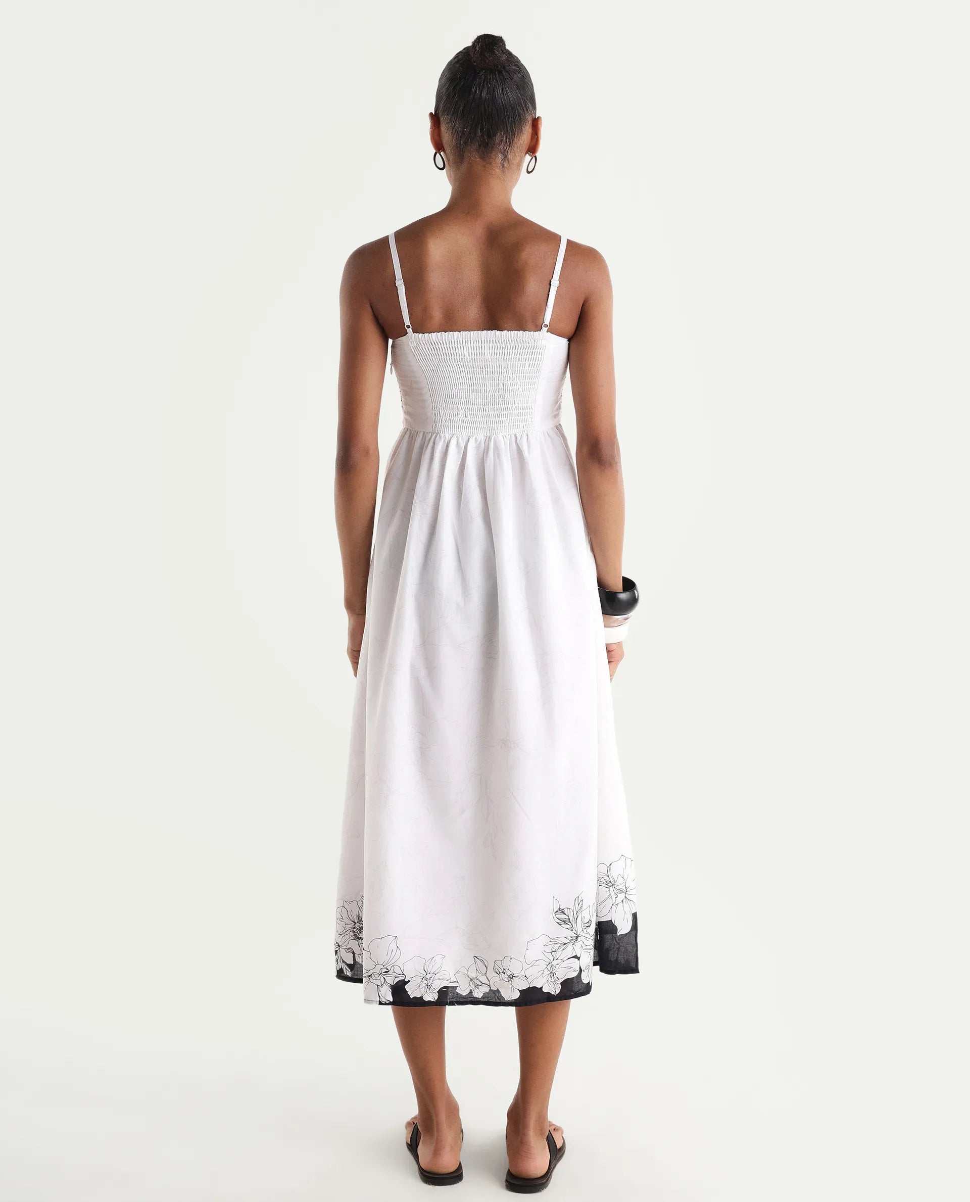 Rareism Women's Clara White Cotton Sleeveless Fit And Flare Floral Print Dress
