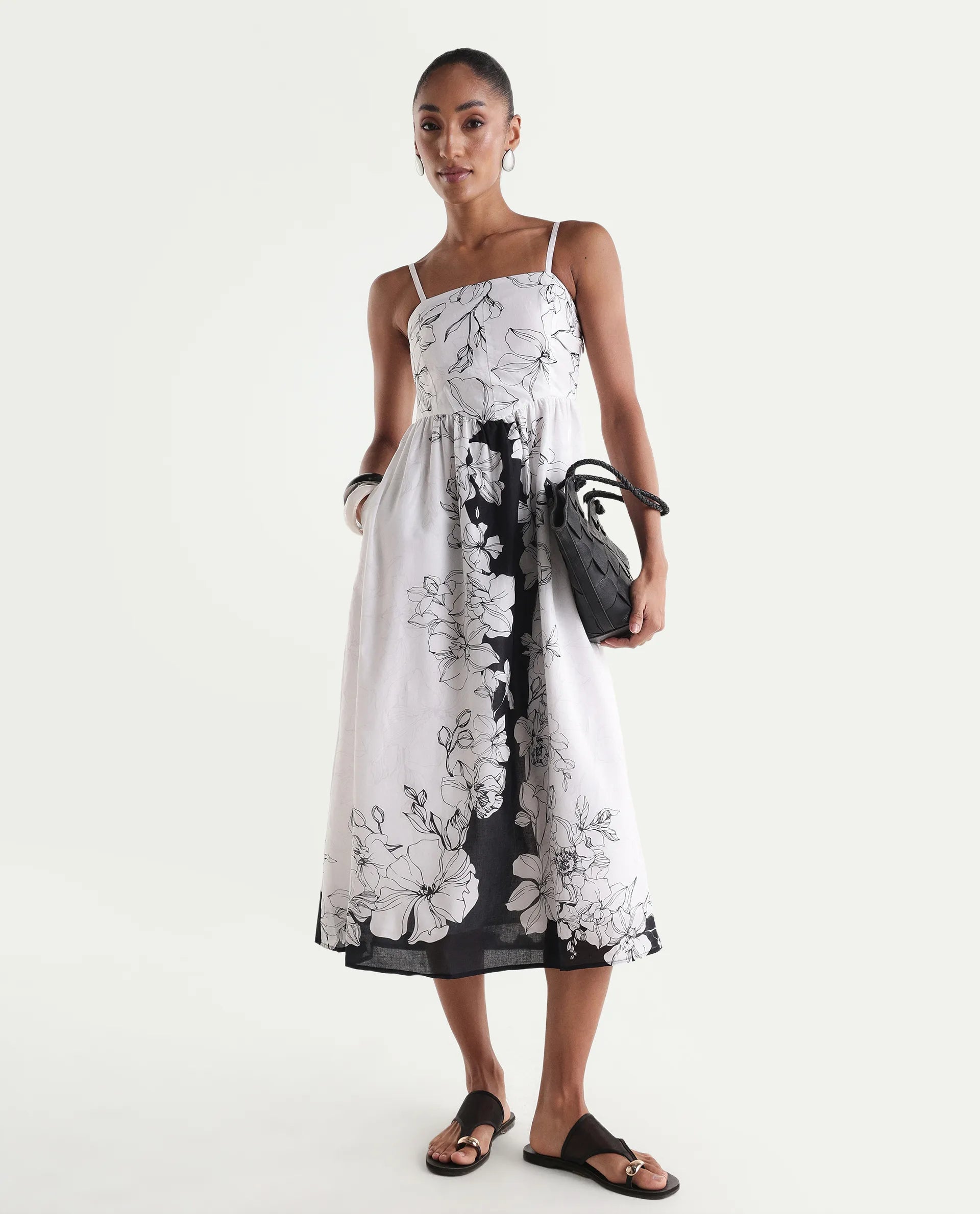 Rareism Women's Clara White Cotton Sleeveless Fit And Flare Floral Print Dress