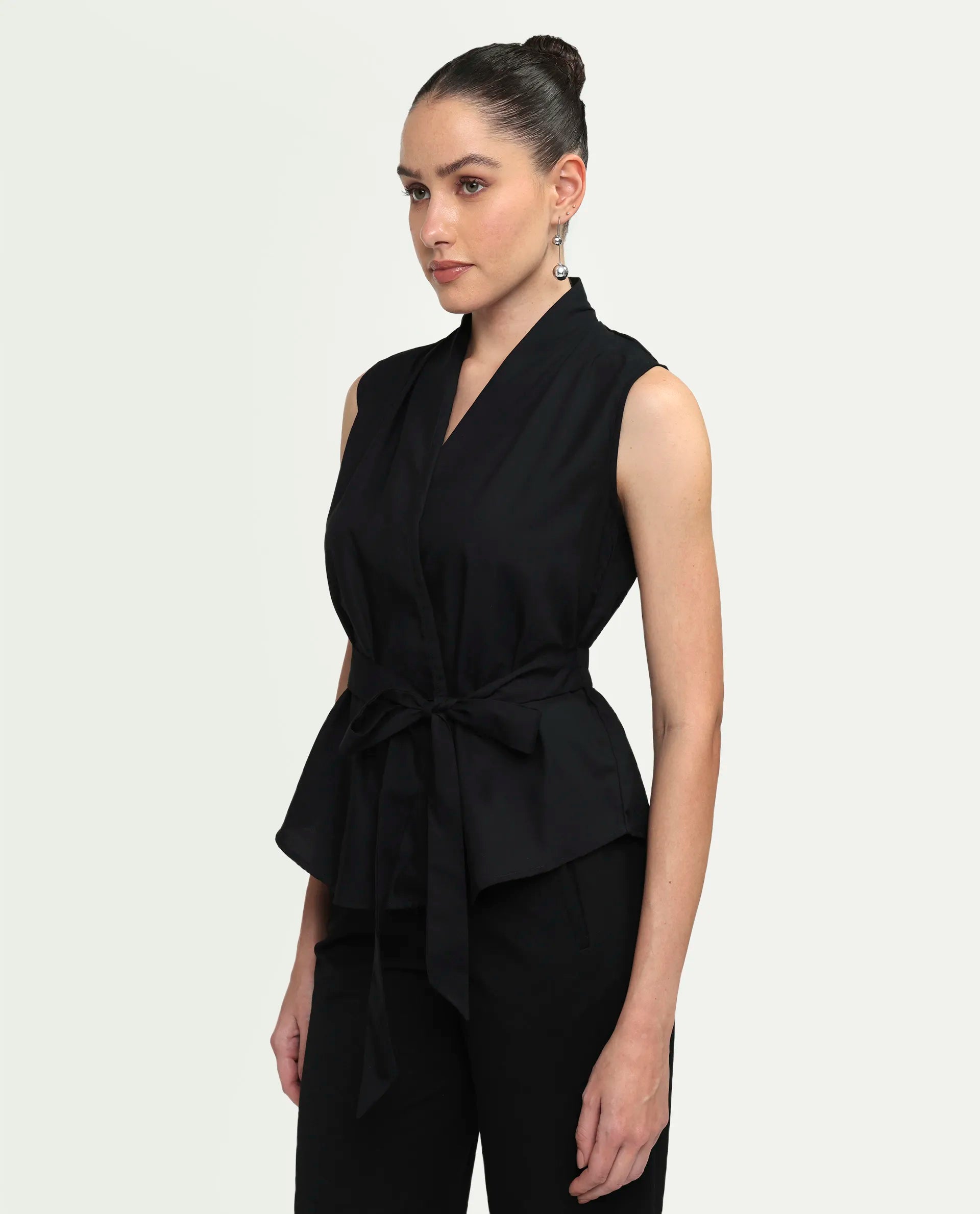 Rareism Women's Cyra Black Viscose Blend Sleeveless Regular Fit Plain Top
