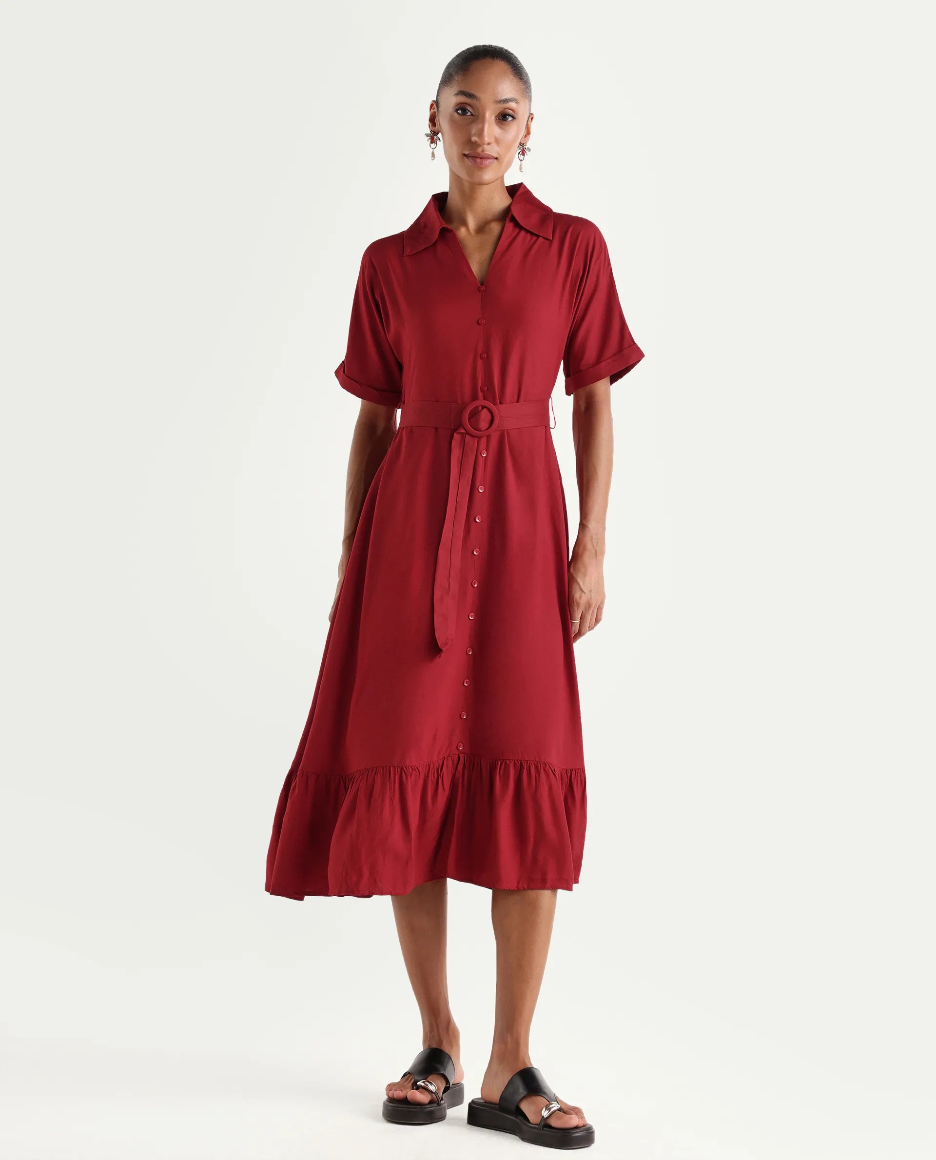 Rareism Women's Elate Red Viscose Half Sleeve A-Line Plain Dress