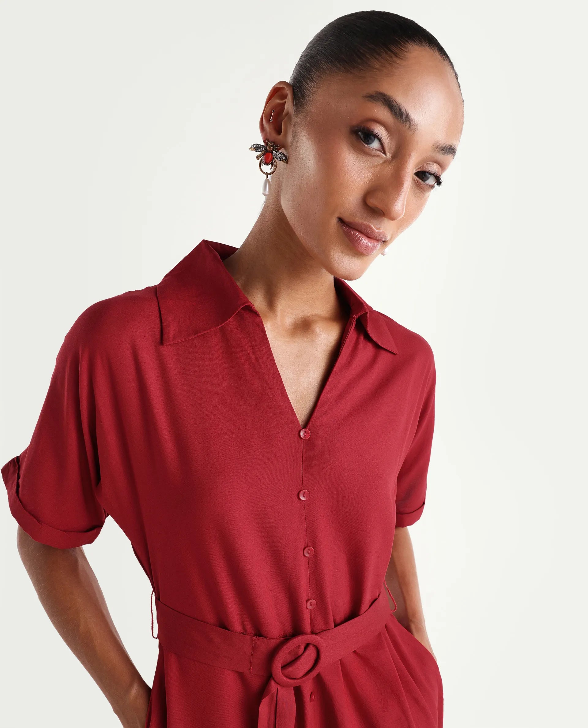 Rareism Women's Elate Red Viscose Half Sleeve A-Line Plain Dress