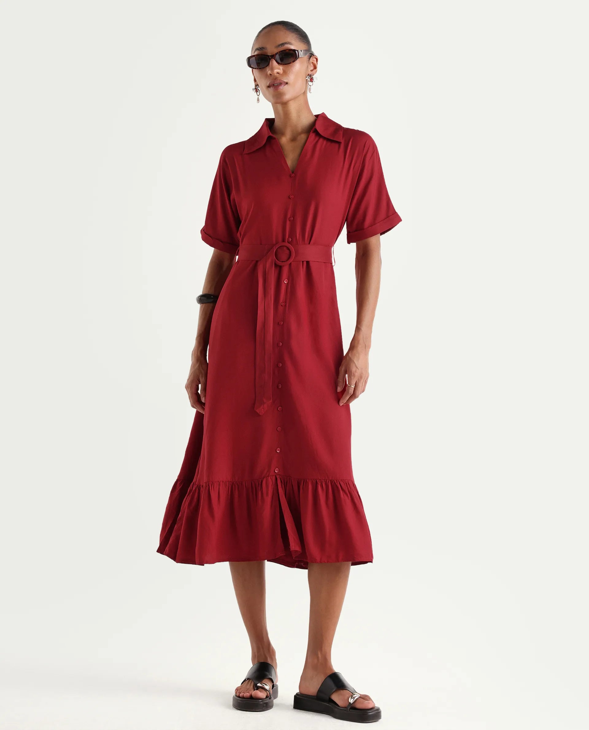 Rareism Women's Elate Red Viscose Half Sleeve A-Line Plain Dress