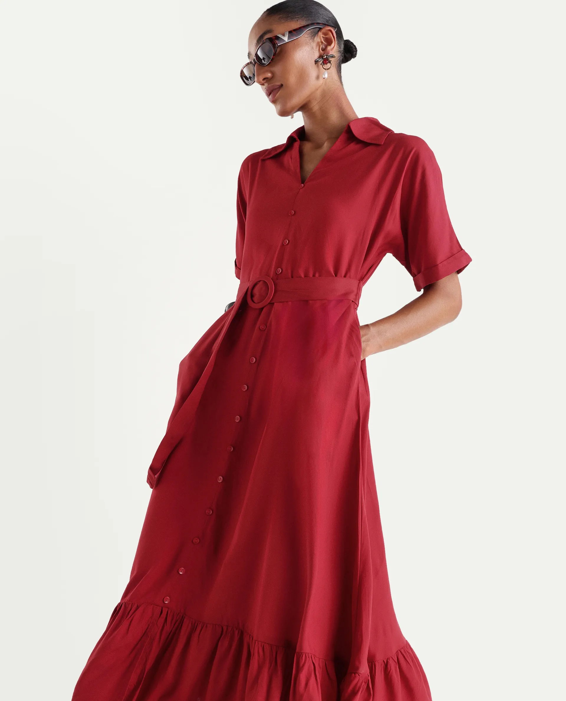 Rareism Women's Elate Red Viscose Half Sleeve A-Line Plain Dress