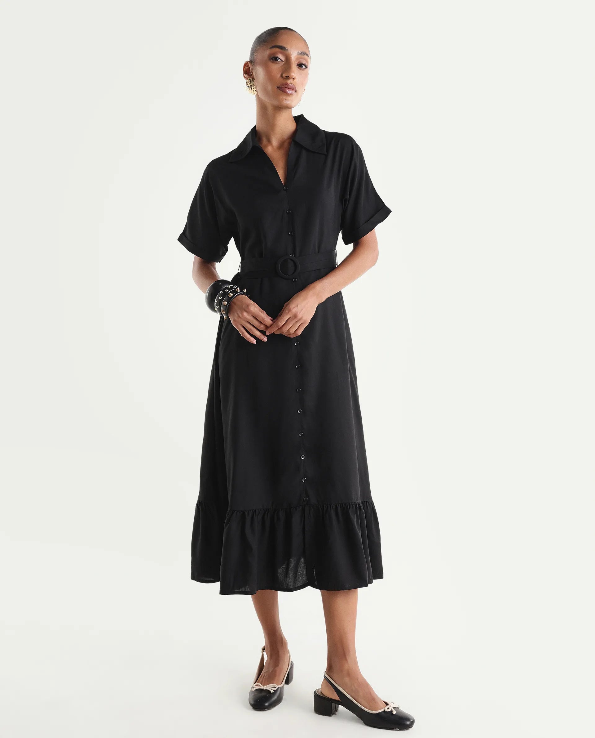 Rareism Women's Elate Black Viscose Half Sleeve A-Line Plain Dress