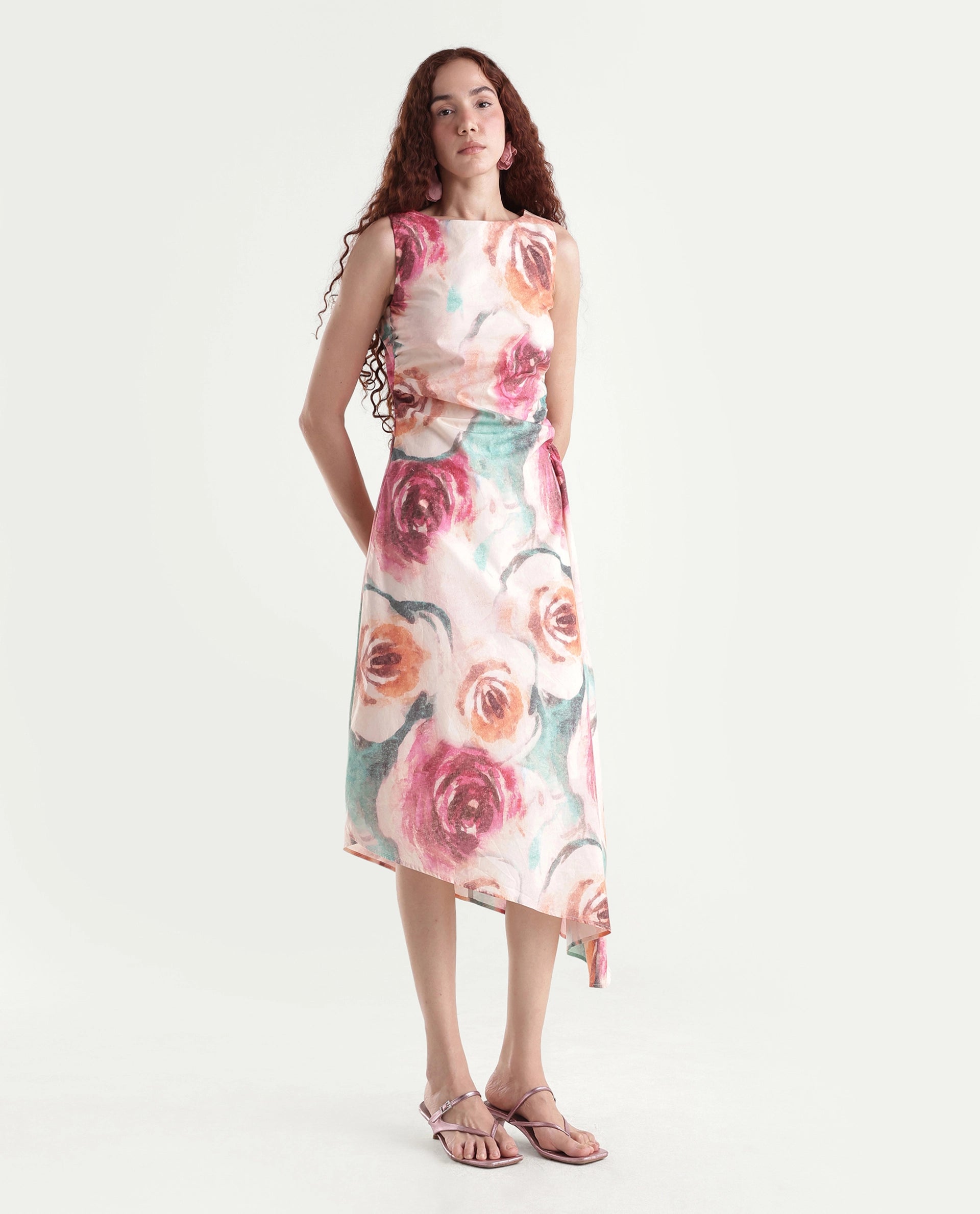 Rareism Women's Cirina Multi Boat Neck A-Line Printed Midi Dress
