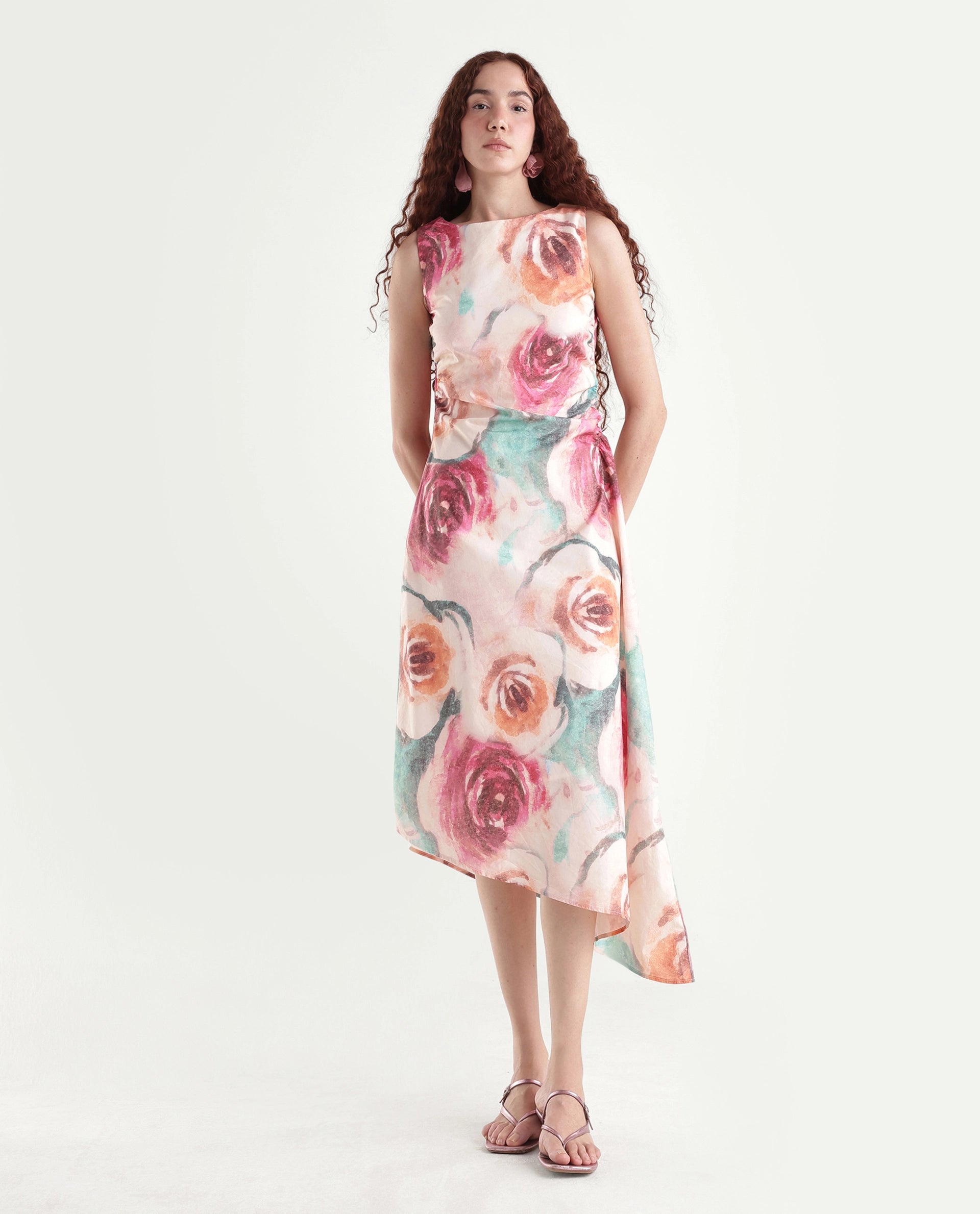 Rareism Women's Cirina Multi Boat Neck A-Line Printed Midi Dress