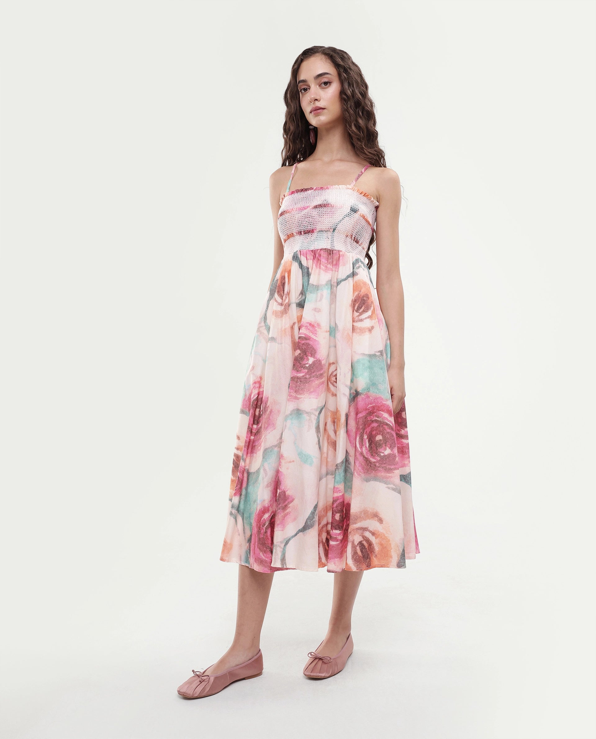 Rareism Women's Cirius Multi Tube Neck Fit And Flare Printed Midi Dress