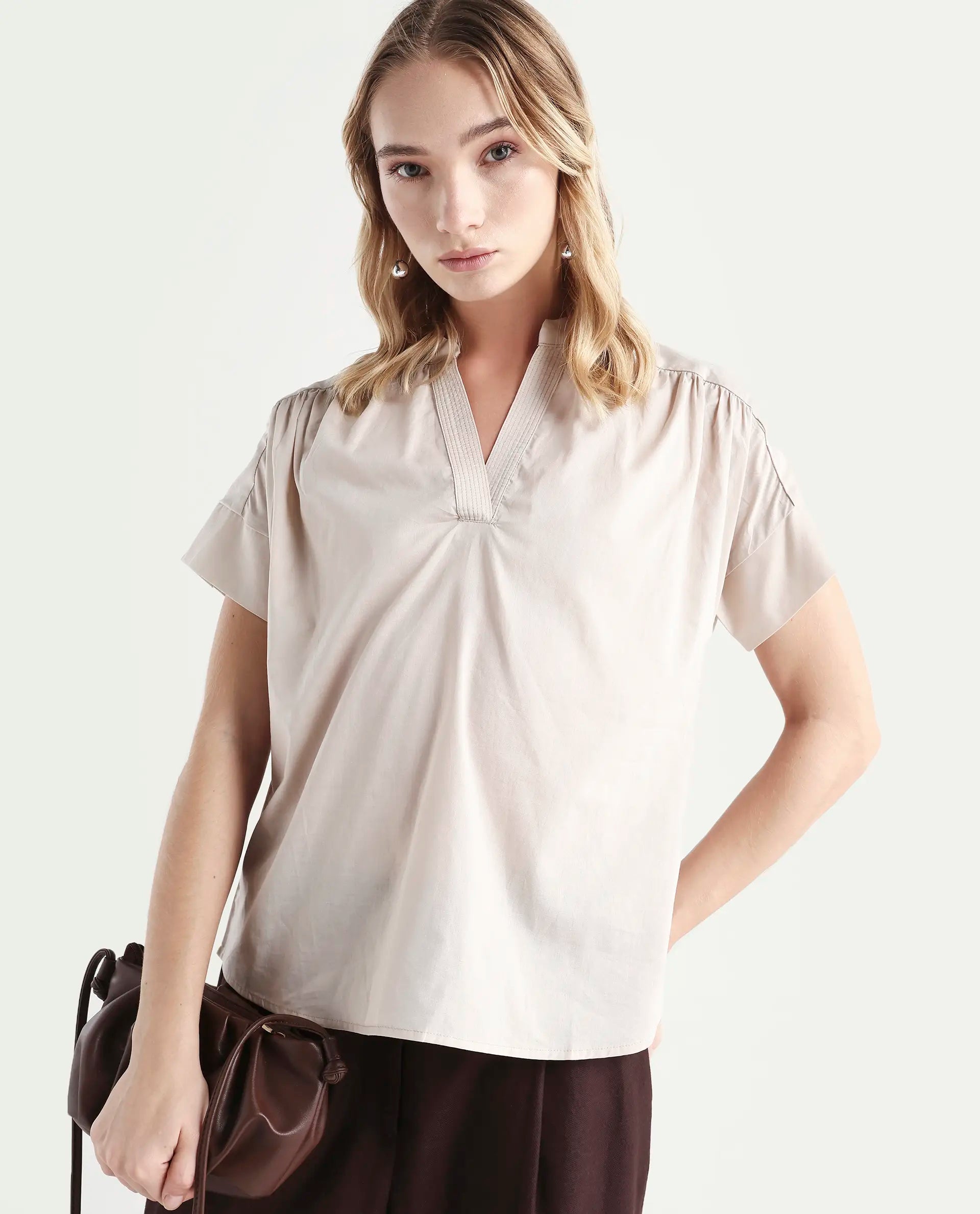 Rareism Women's Nupto Beige Cotton Mandarin Collar Relaxed Fit Plain Top