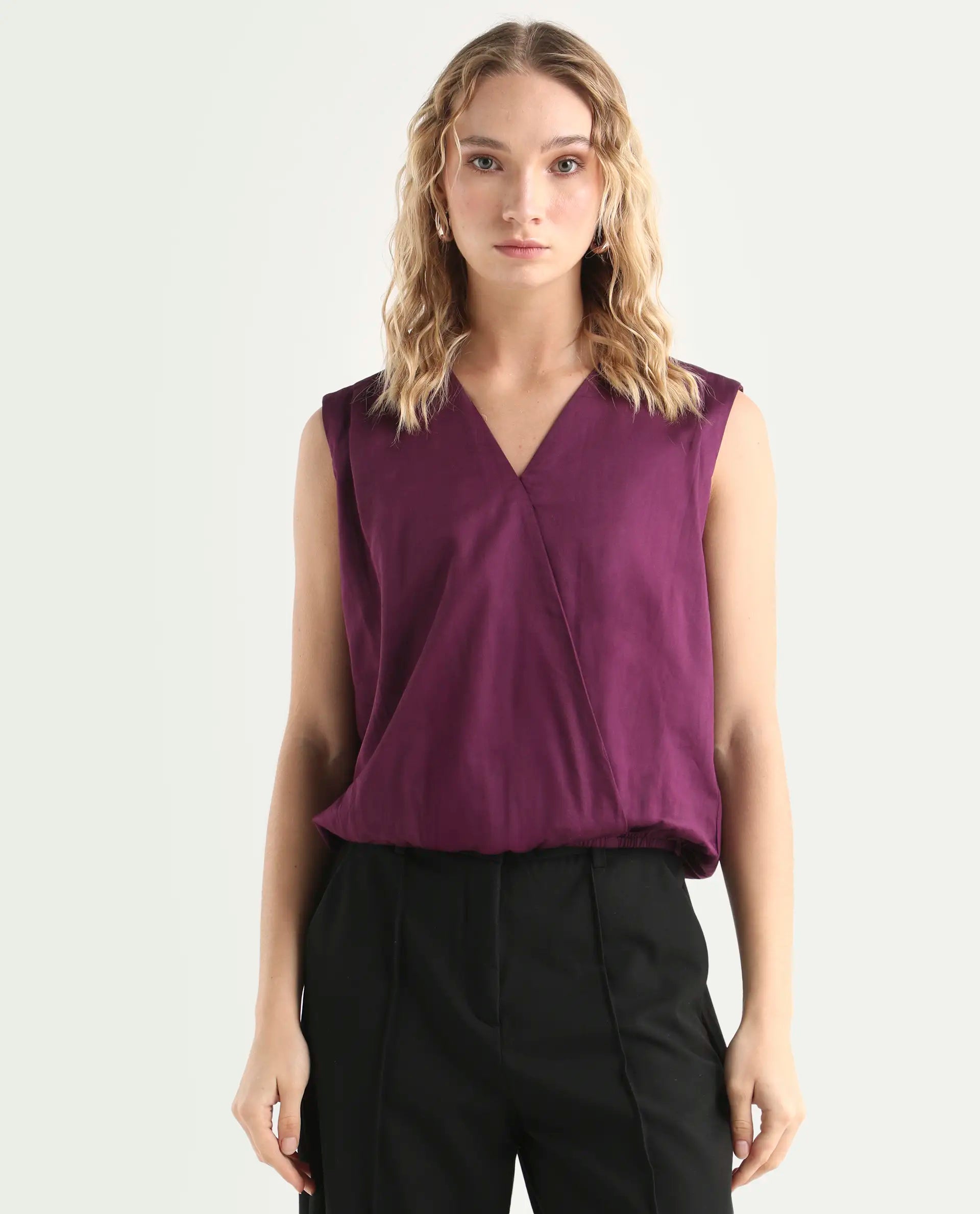 Rareism Women's Nujet Purple Cotton Blend Overlap Neck Regular Fit Plain Top